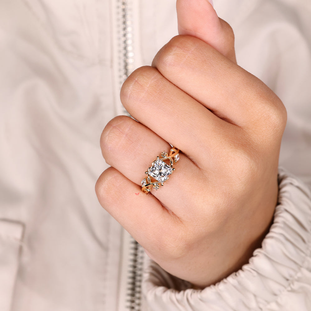Princess cut ring with nature inspired design.
