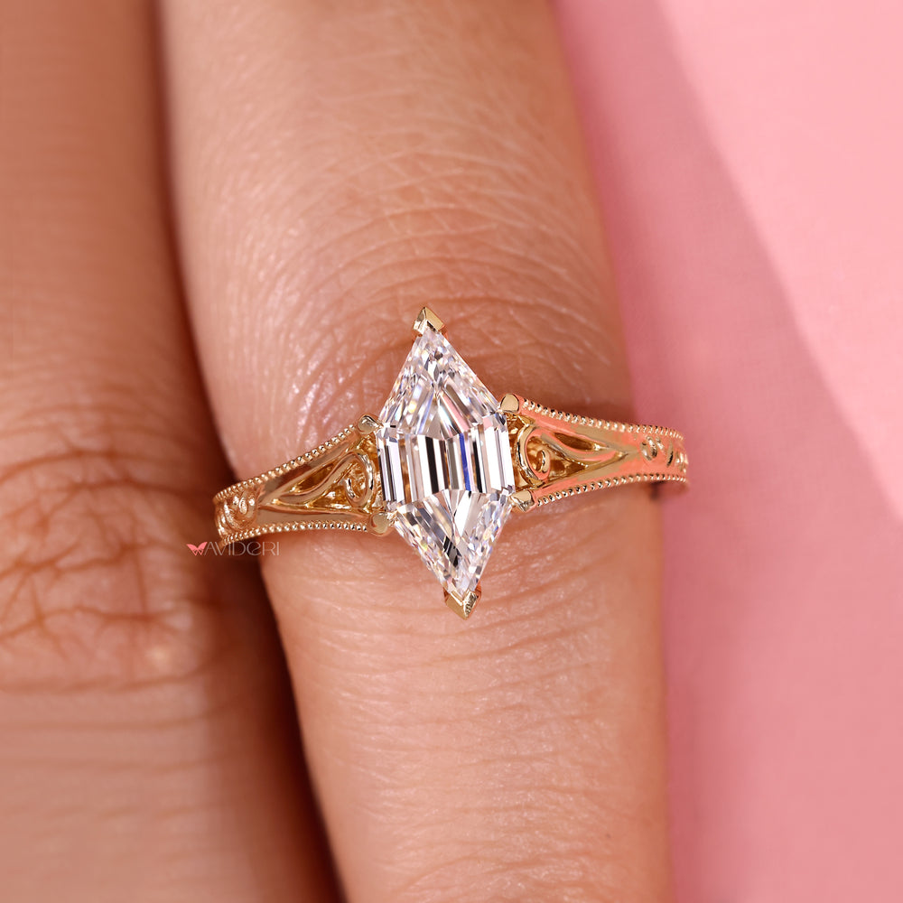 Elegant hexagon step cut diamond ring design.
