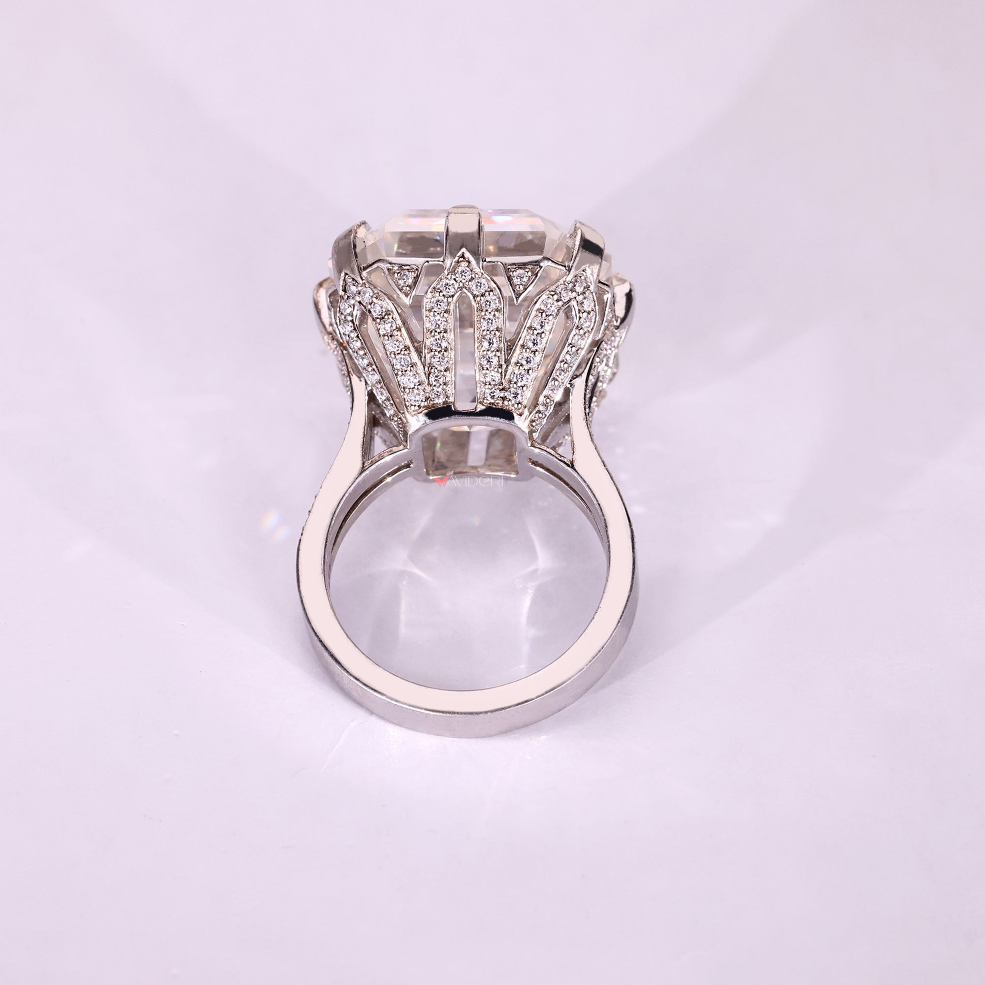 Cathedral style Asscher cut moissanite ring design.
