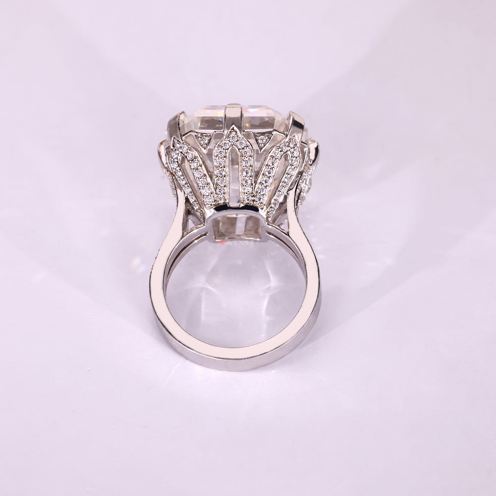 Cathedral style Asscher cut moissanite ring design.