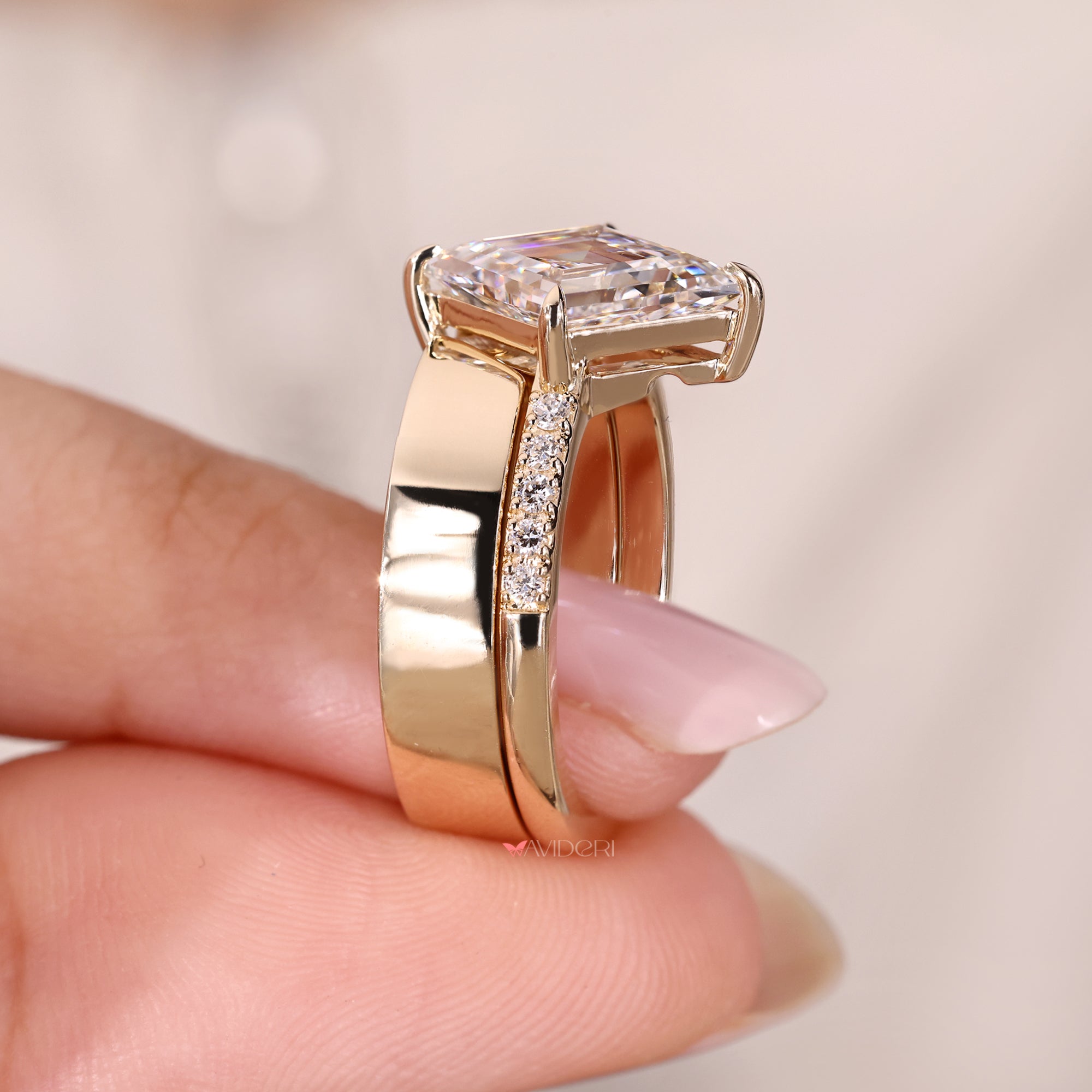 Lab grown lozenge diamond bridal set with pave band.

