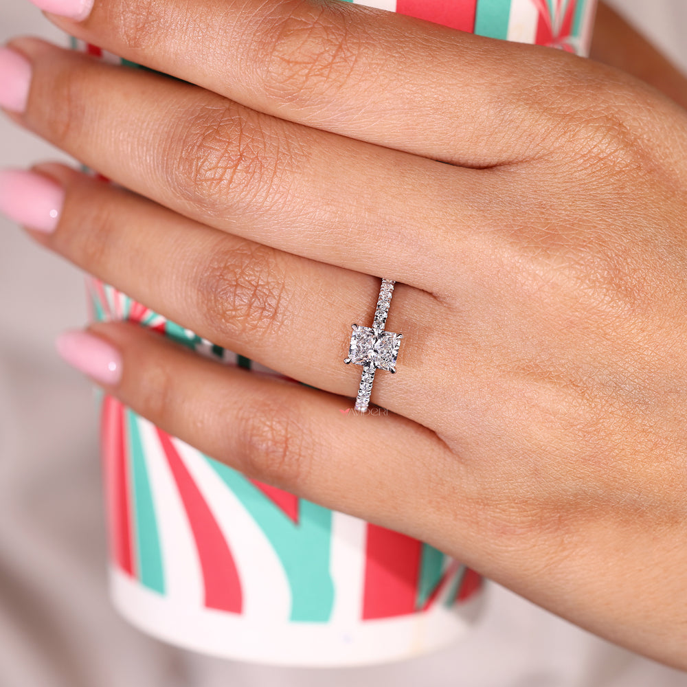 Radiant cut ring with round diamond pave band handmade.