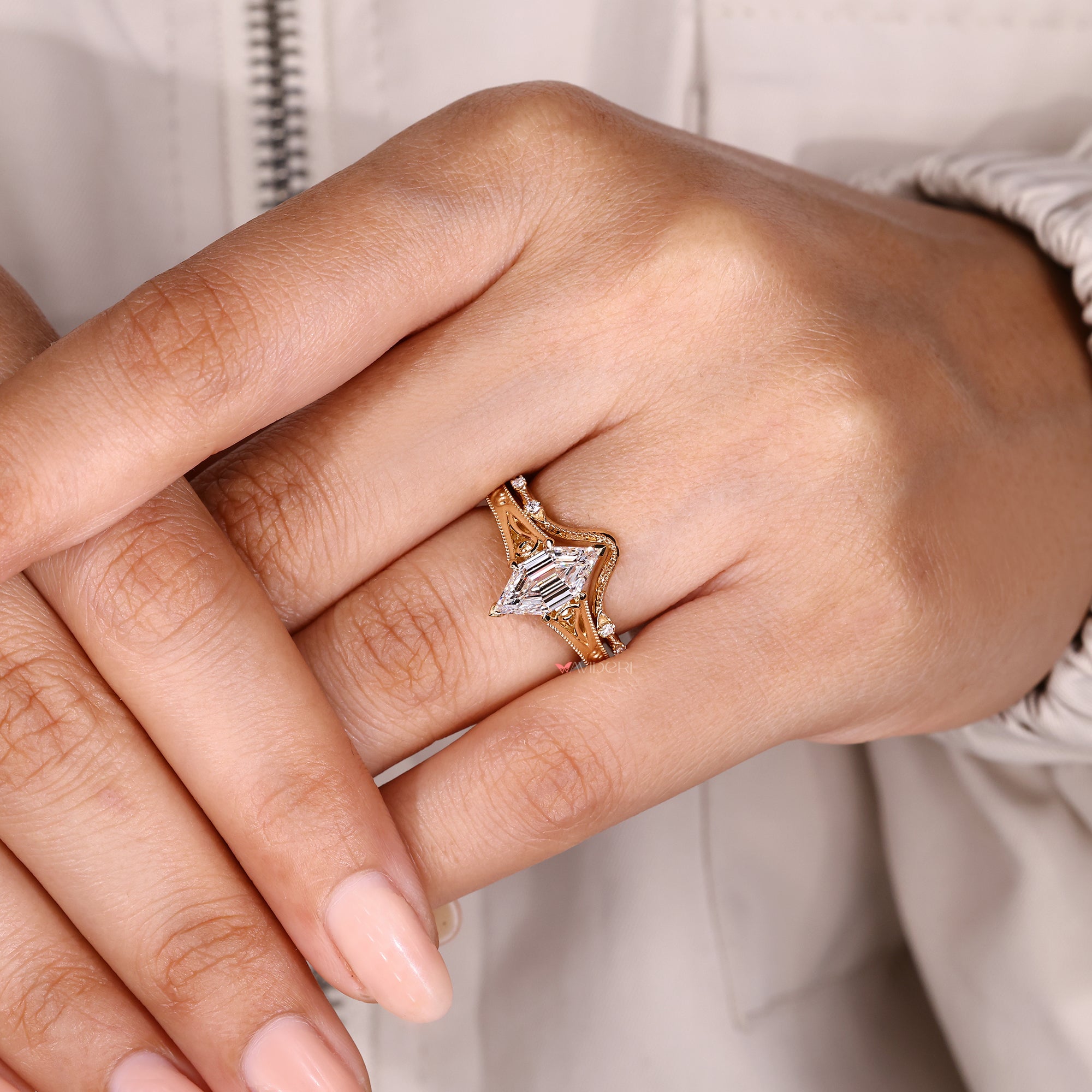 Cathedral hexagon diamond ring with band.
