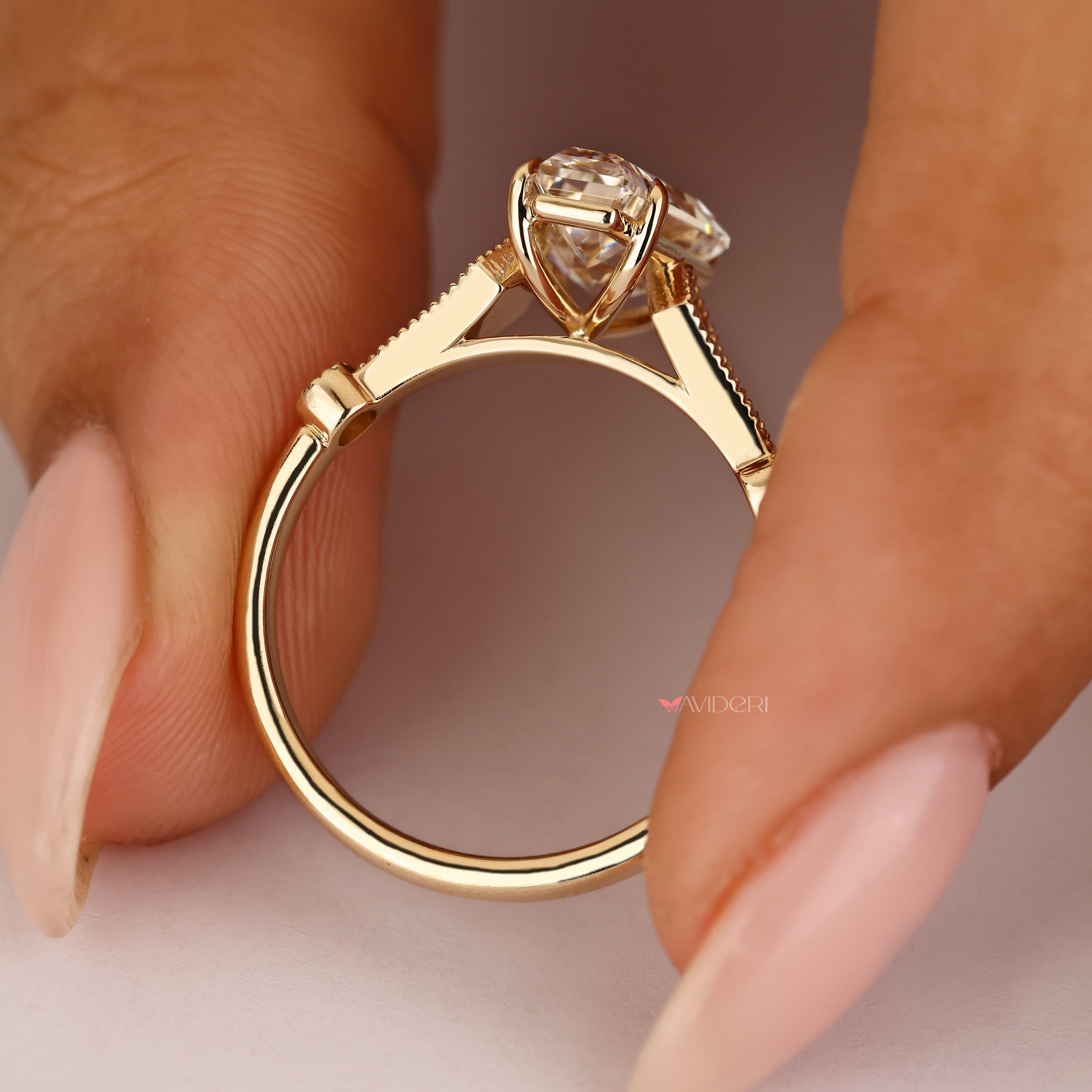 Lab grown coffin cut ring with round accent stones
