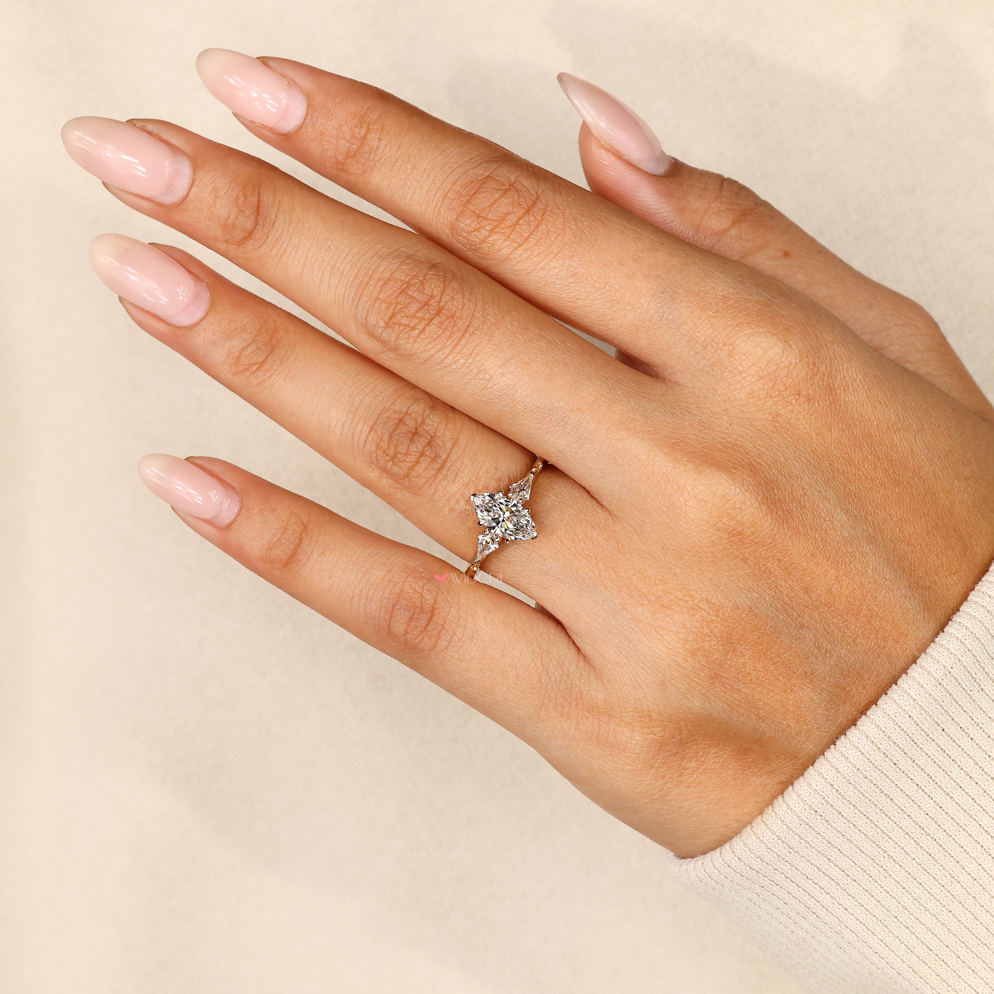 Vintage marquise ring with cathedral shank detail.

