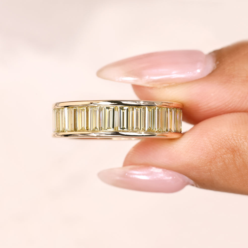 Channel set eternity band with yellow diamonds.
