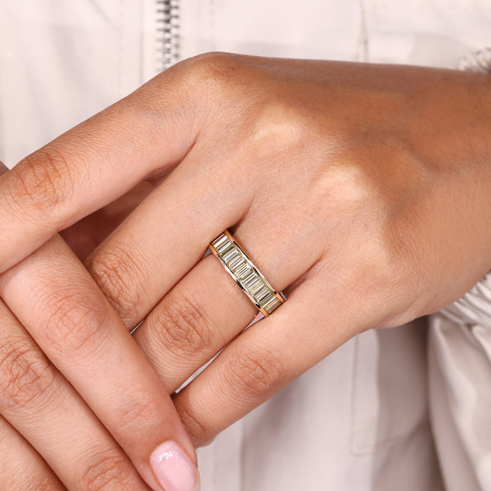 Lab grown eternity band baguette cut style.
