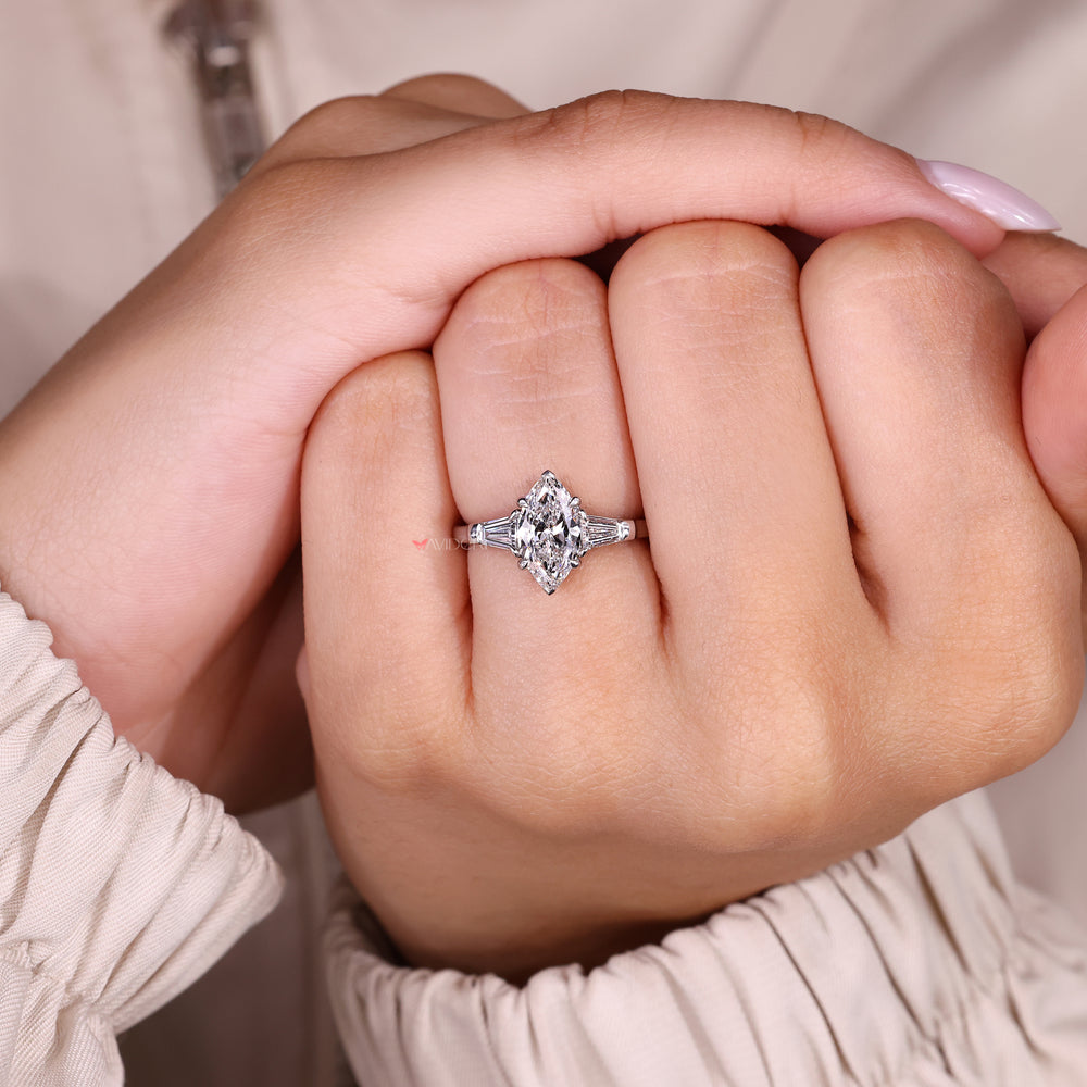 Lab grown diamond marquise ring basket setting.
