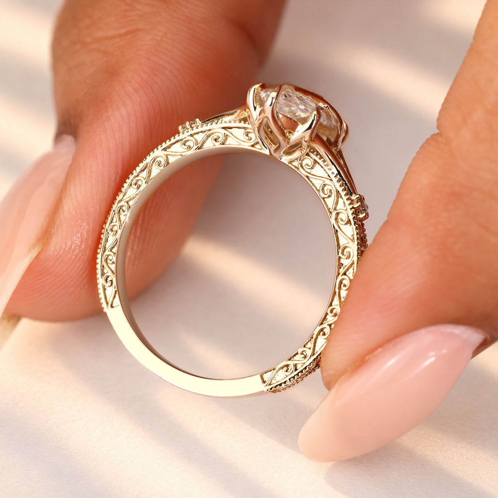 Marquise diamond ring with tulip basket setting.

