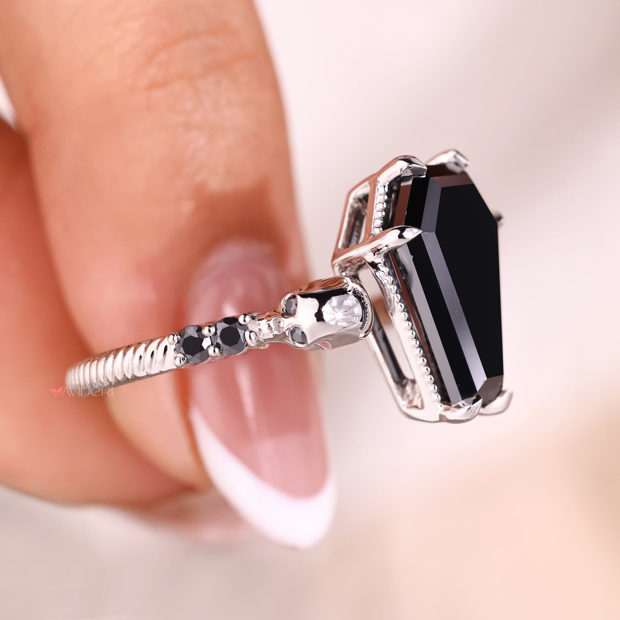 Coffin Cut Black Moissanite Ring With Two Small Skulls Style