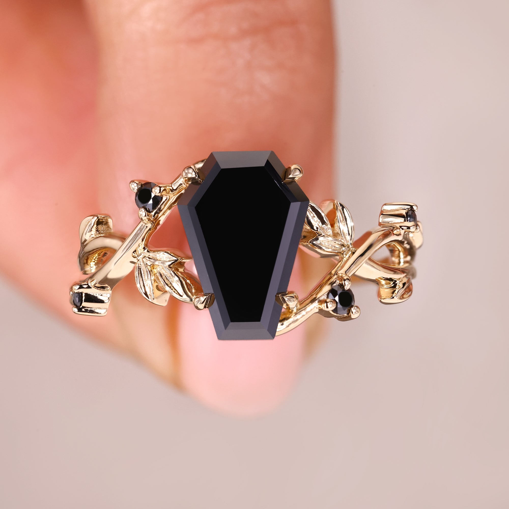 Nature Inspired Black Moissanite Coffin Cut Ring