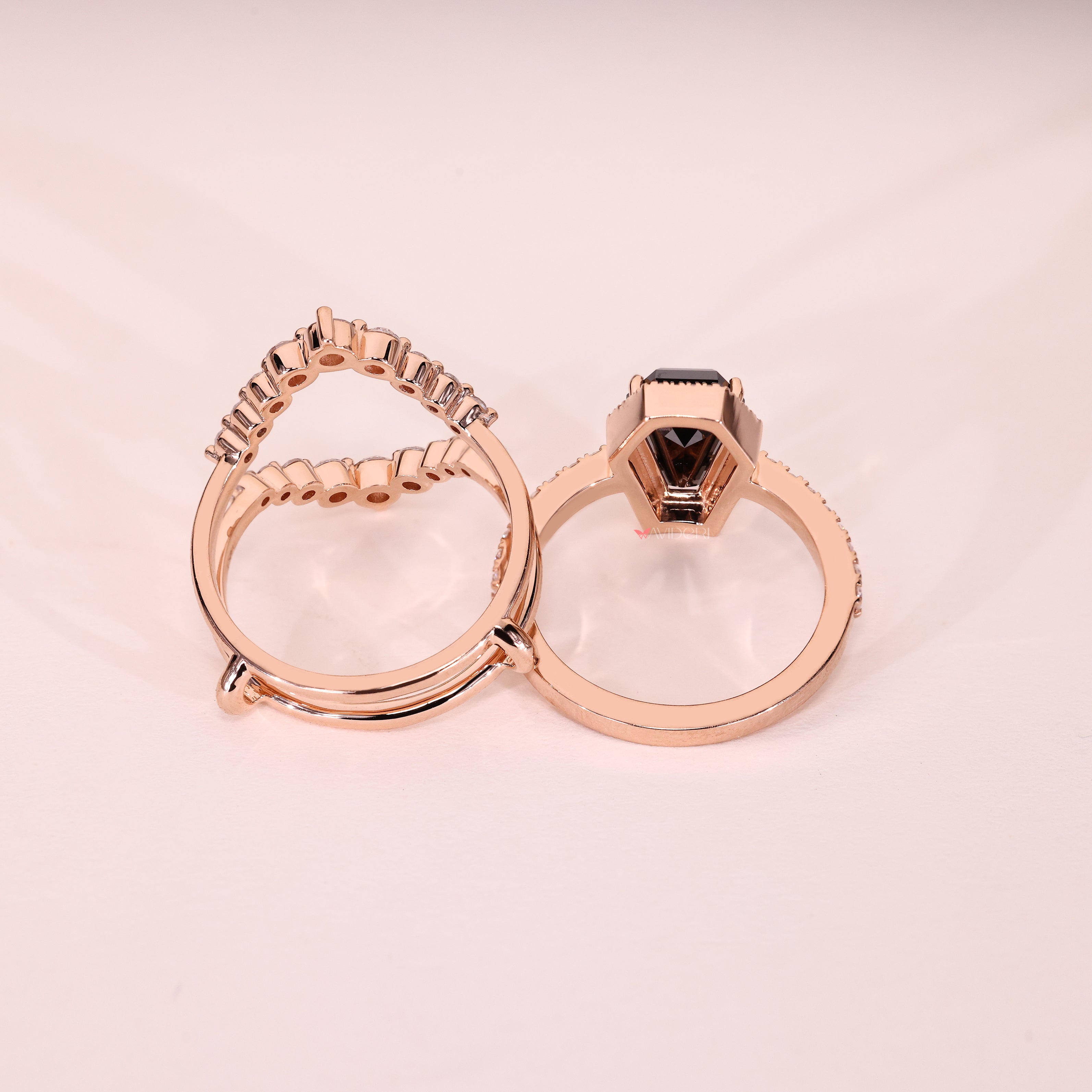 Handmade coffin cut ring with moissanite band.