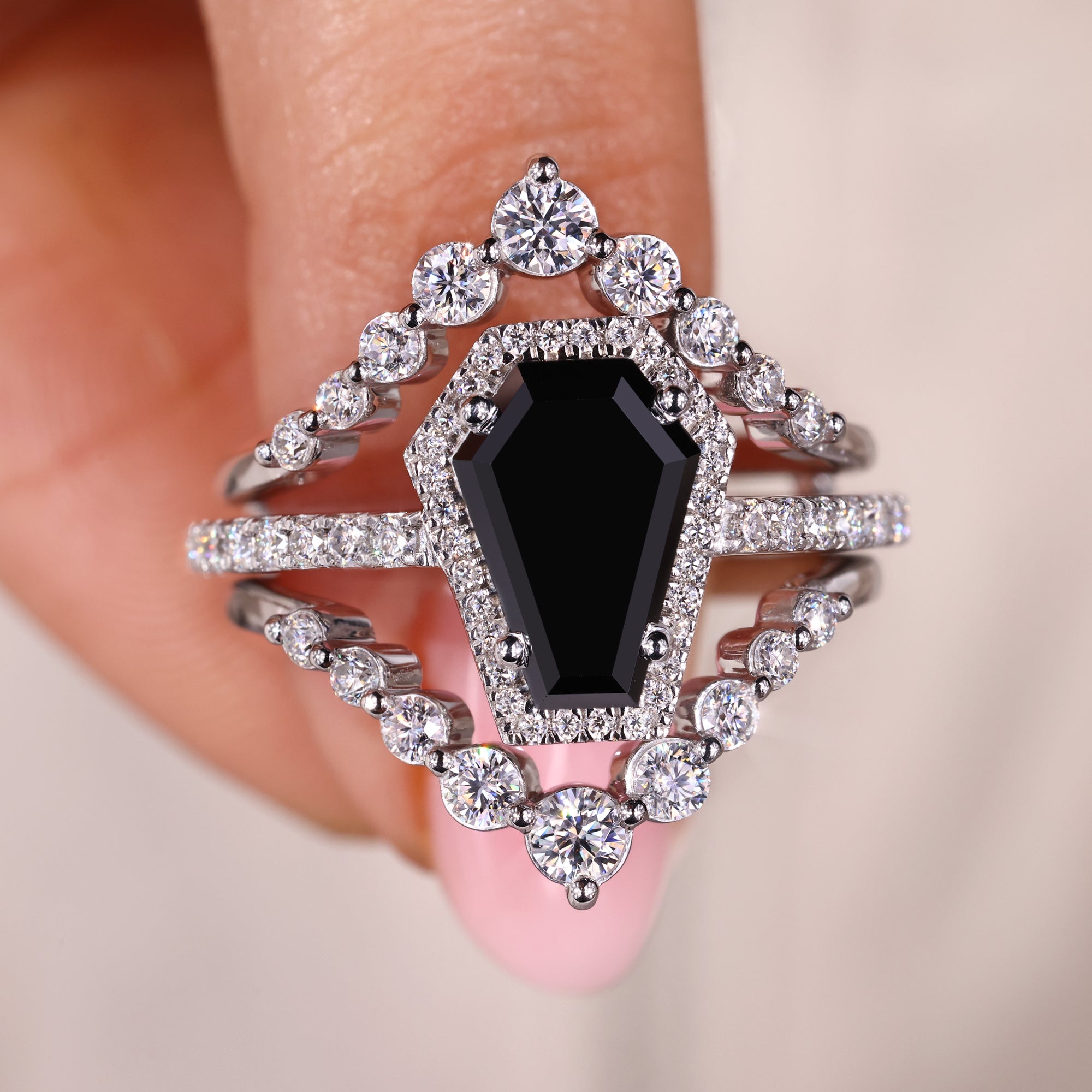 Handmade bridal set with a coffin engagement ring for a personalized touch.