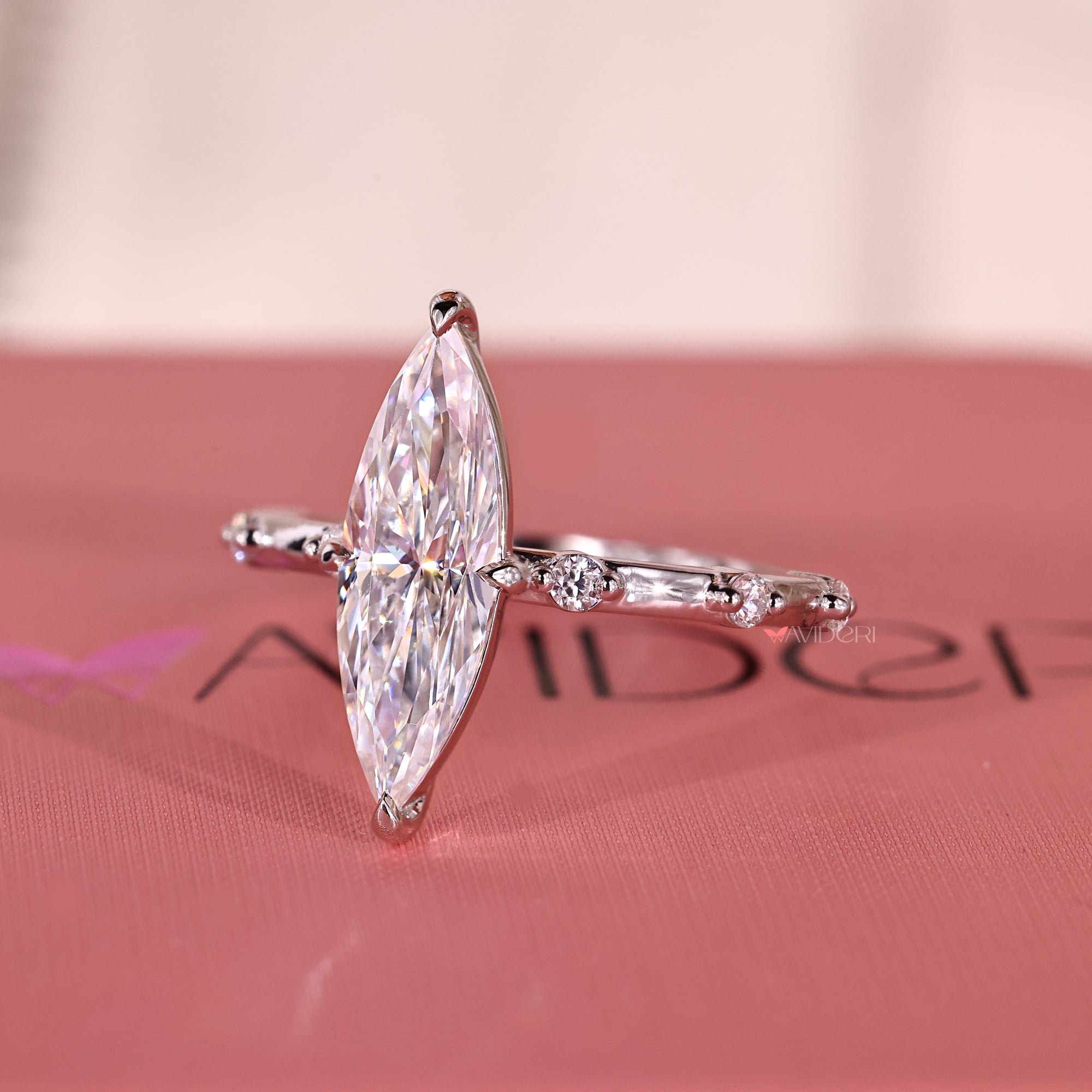 Marquise cut ring with a compass prong setting for striking brilliance.
