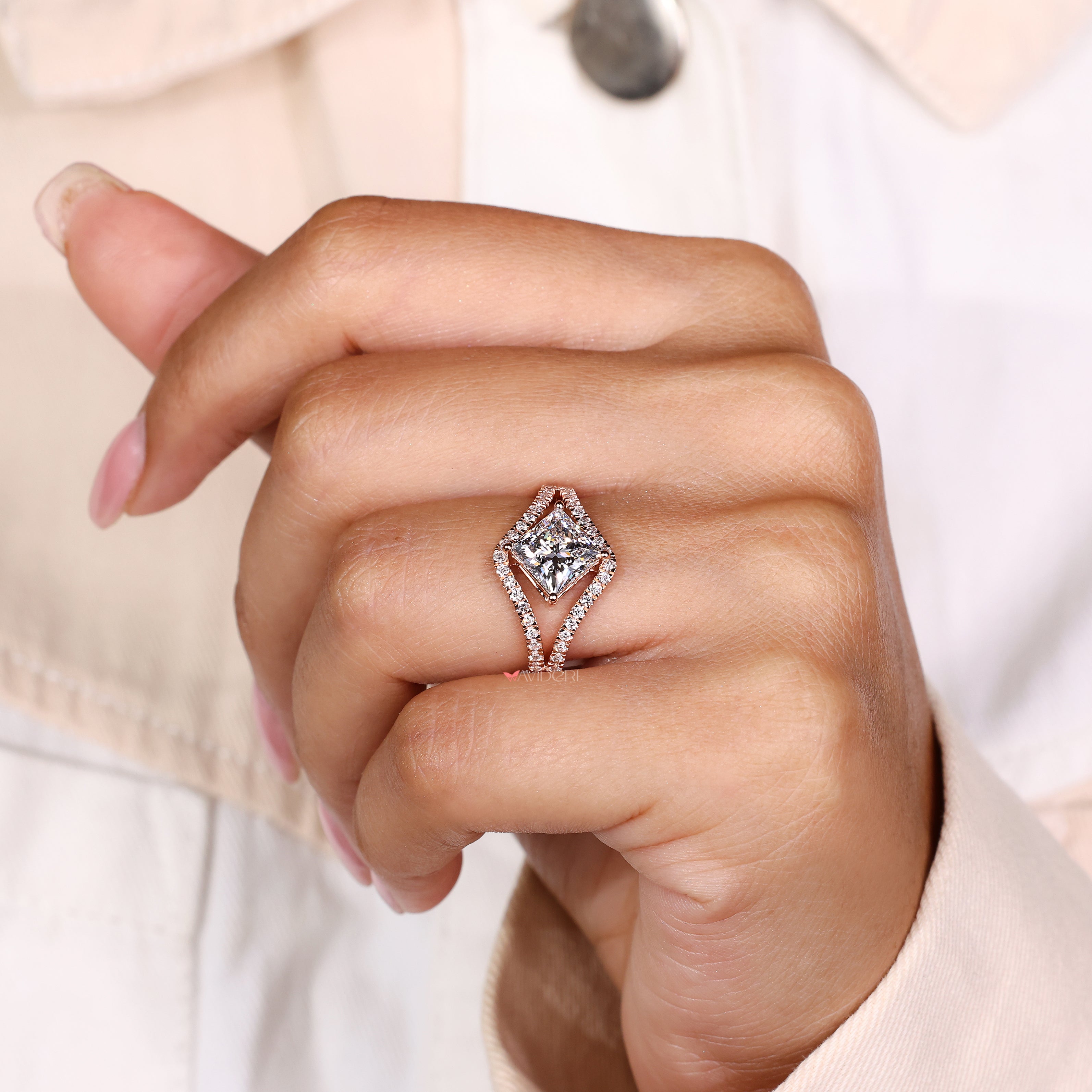 Handmade princess cut diamond ring with split shank design
