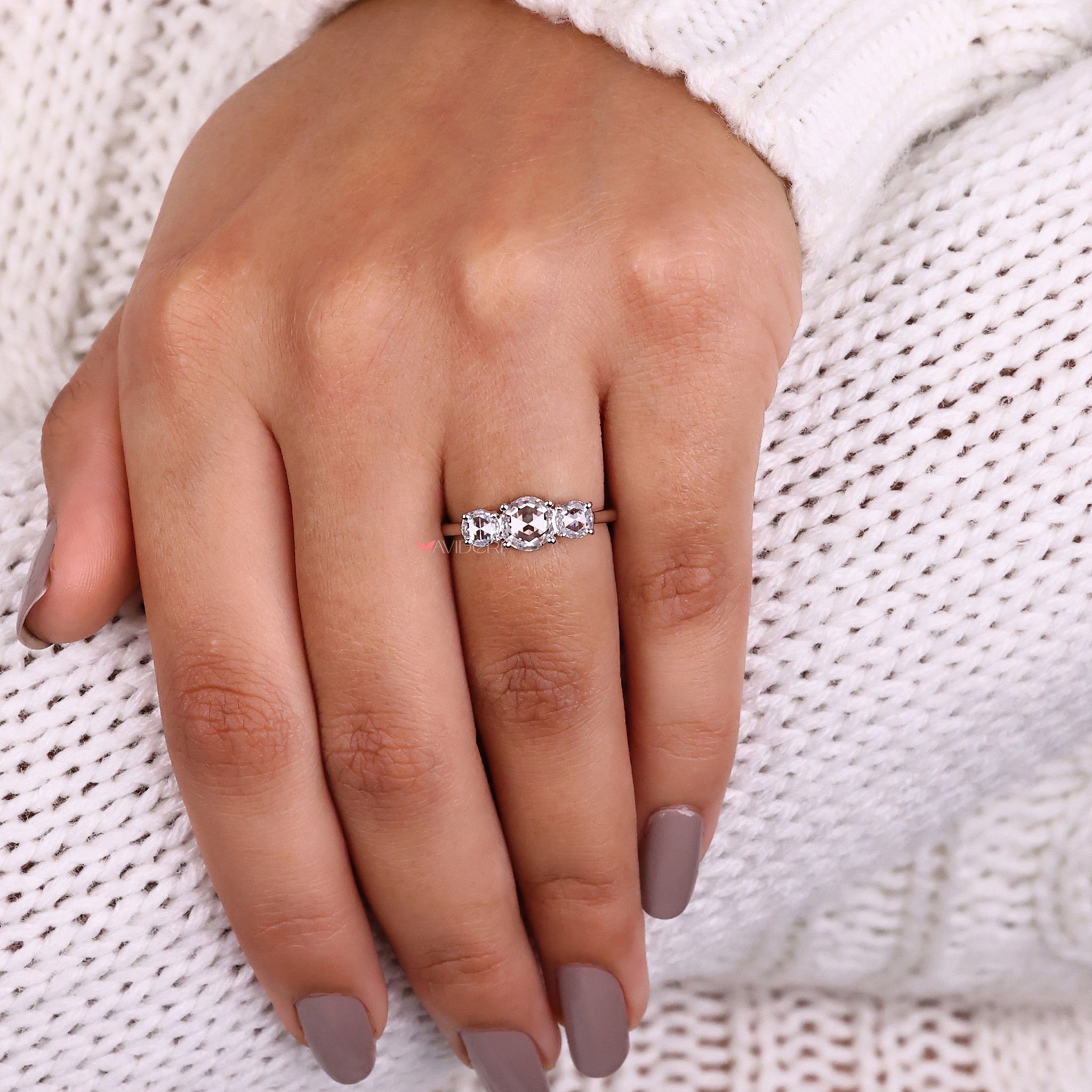Avideri engagement ring, three stone diamond ring, rose cut diamond ring
