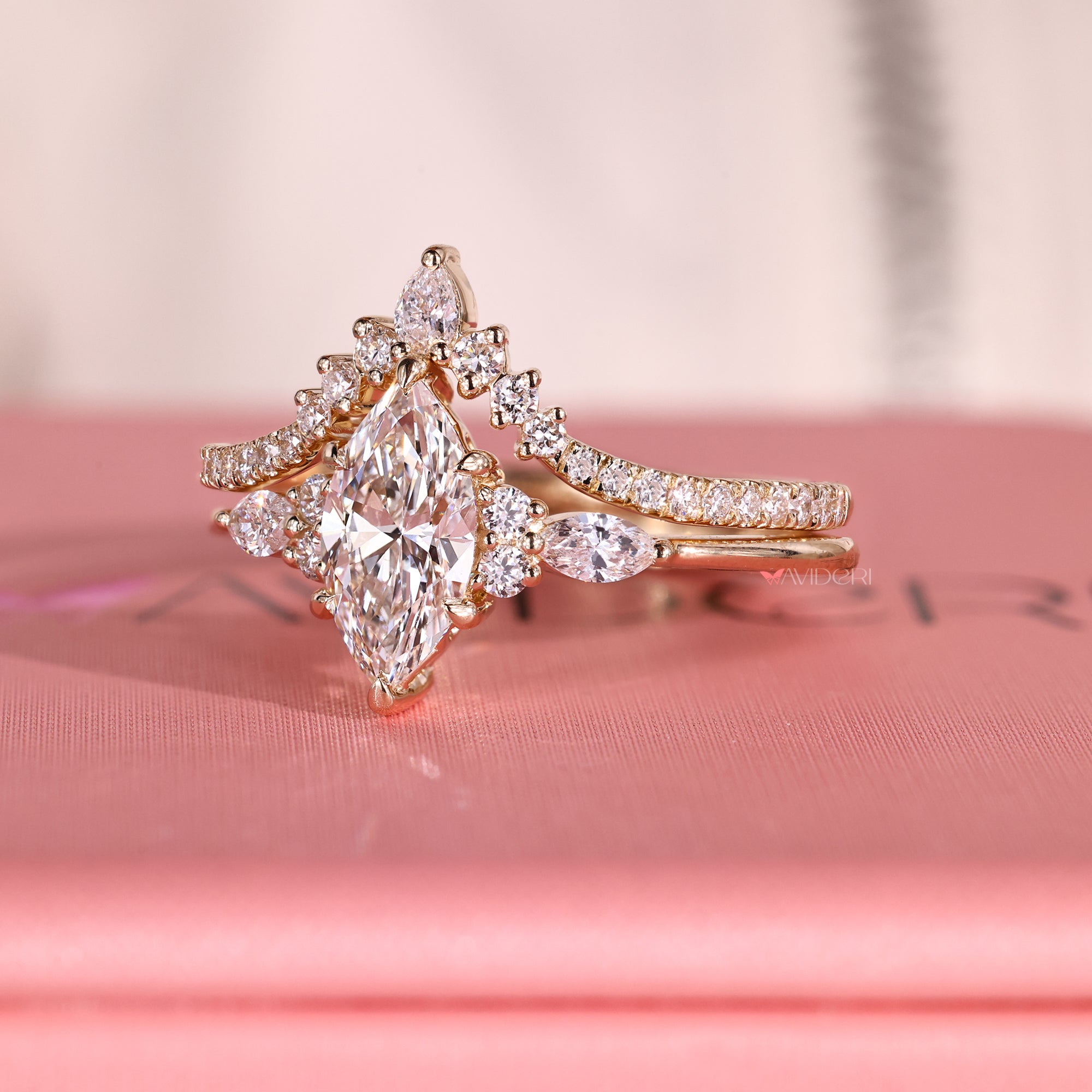 Handmade bridal set with a marquise center stone.