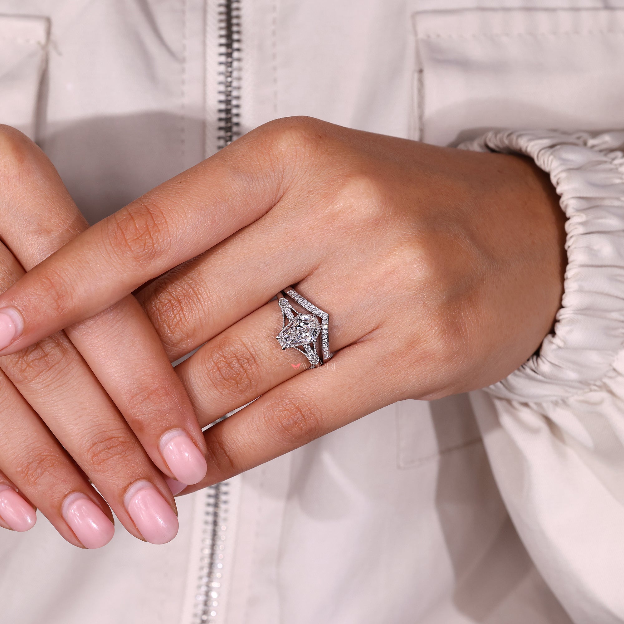 IGI certified lab grown diamond bridal set in polished white gold.