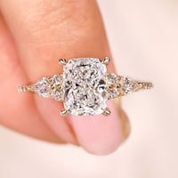 Cushion Cut Diamond Ring with Side Stone in Pave Style