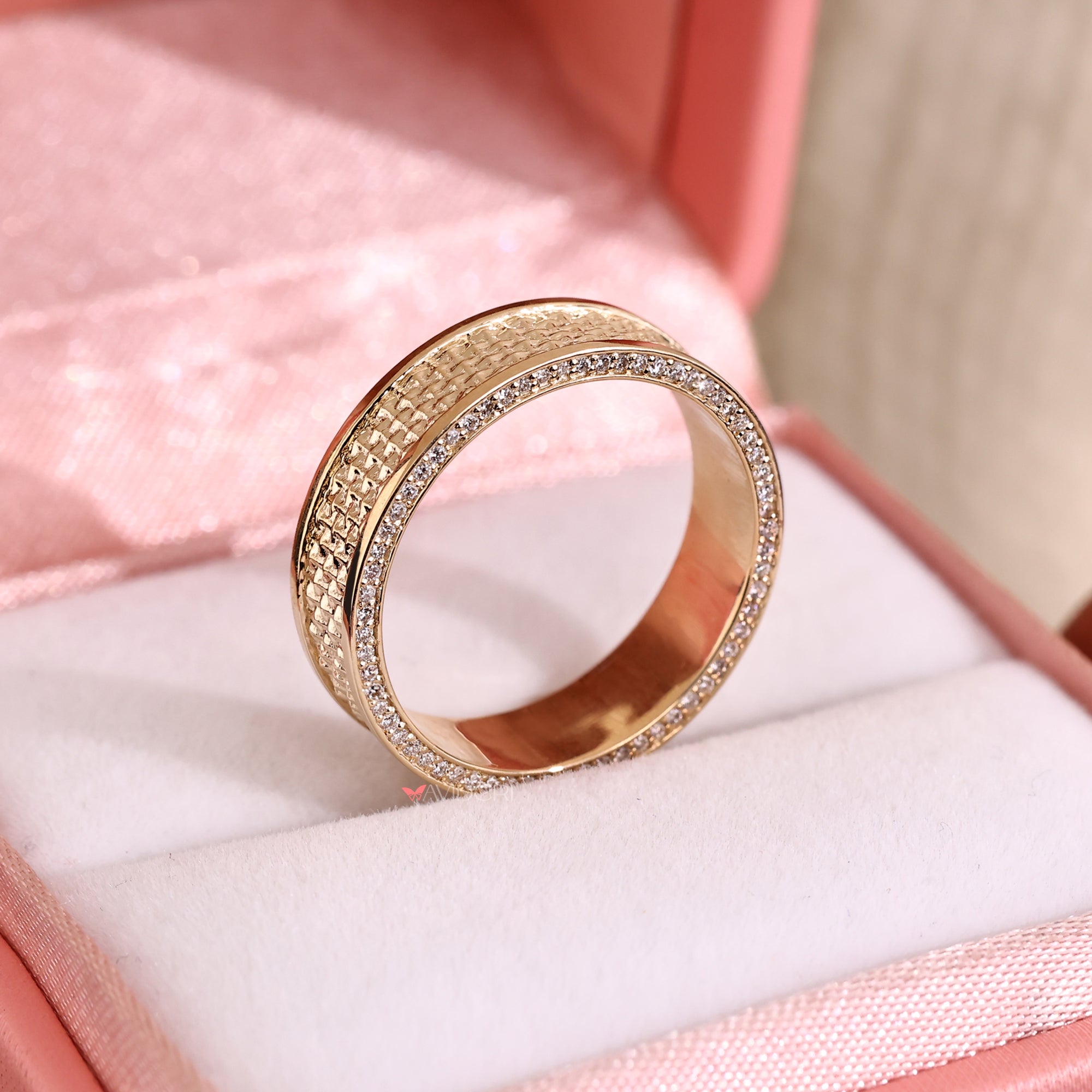 Custom mens diamond band with lab grown diamonds and net setting.