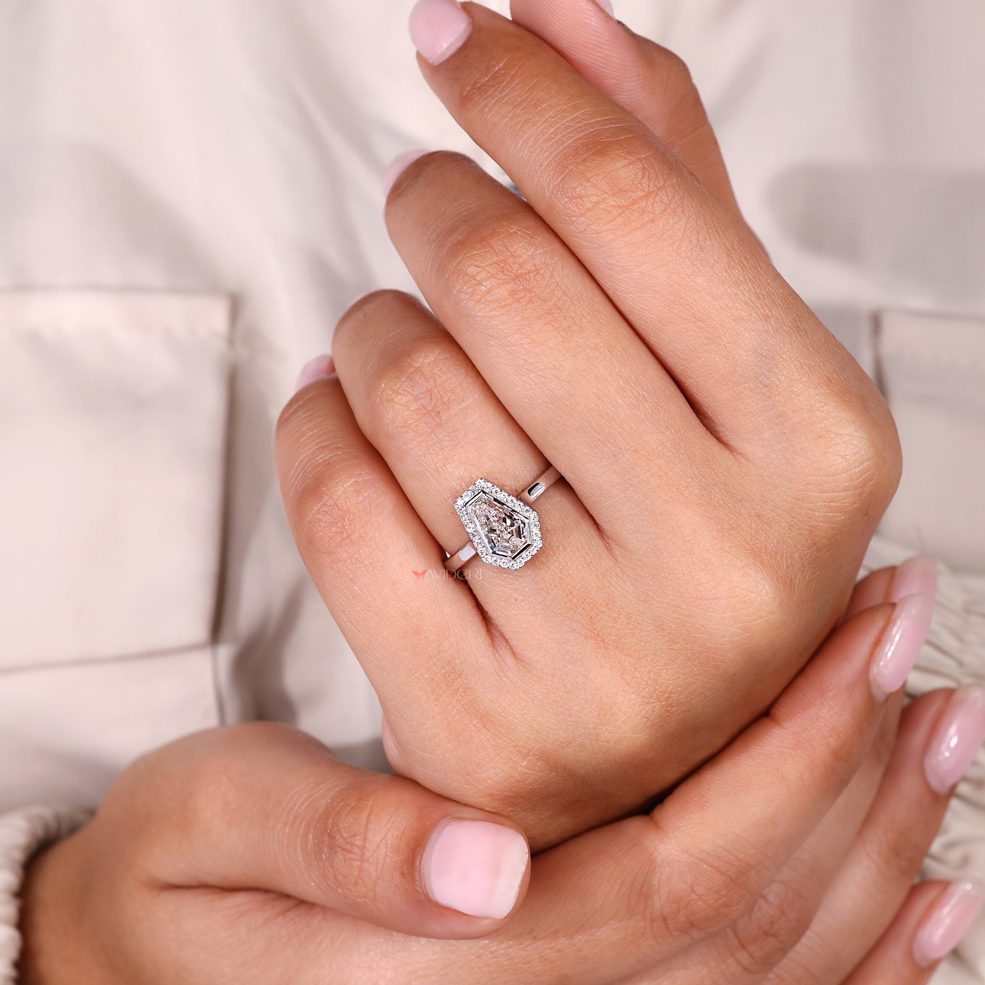 Lab Grown Coffin Cut Diamond Halo Ring.