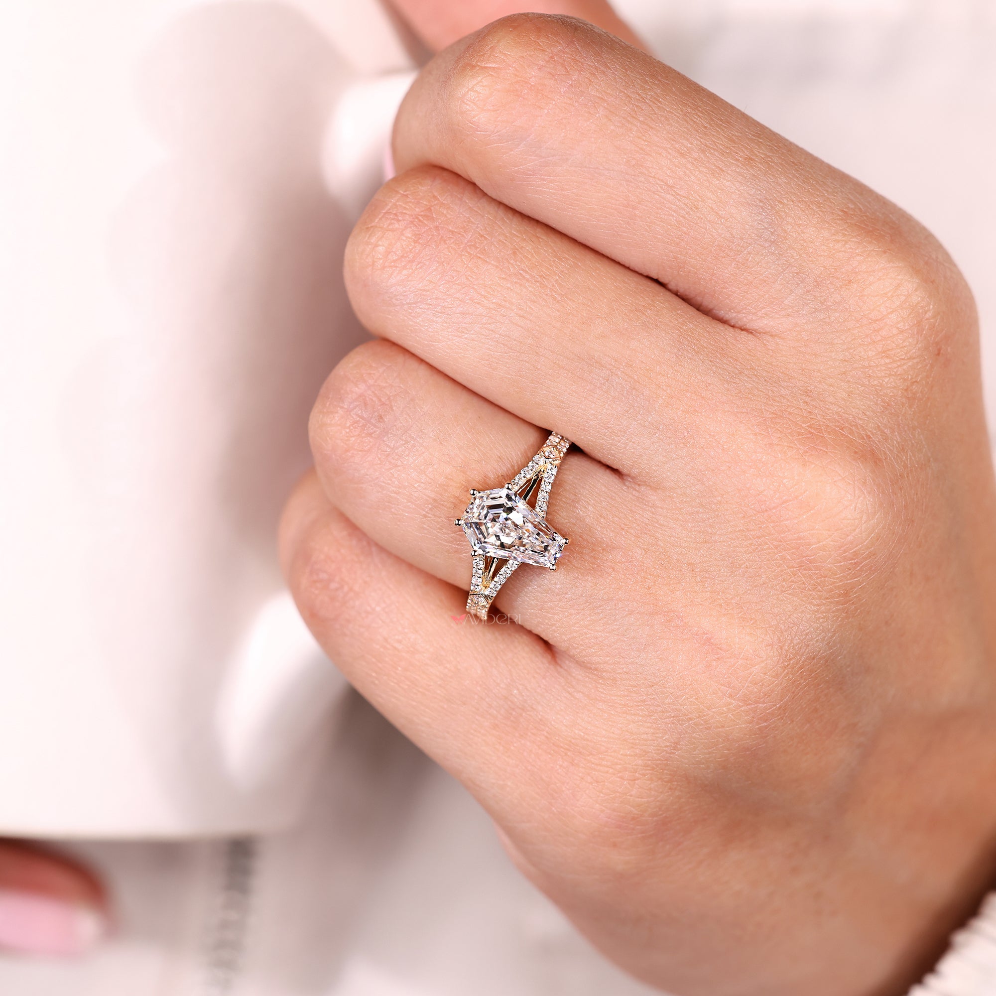 Split Shank Diamond Ring with Coffin Cut Center.