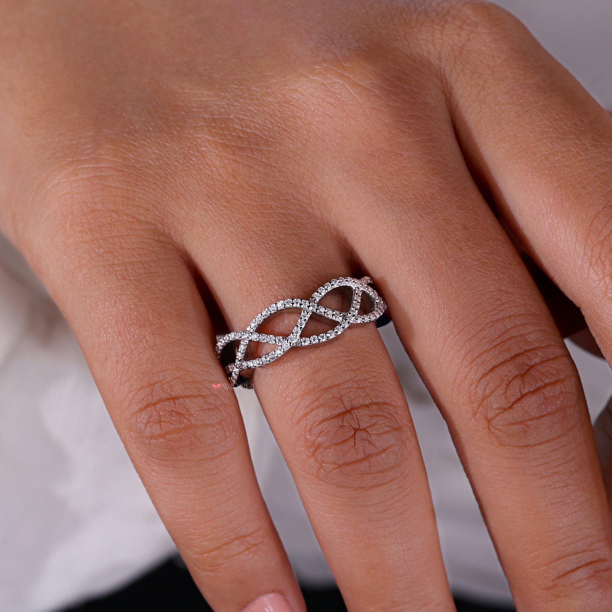 three row woven diamond ring white gold crossover ring igi certified avideri ring
