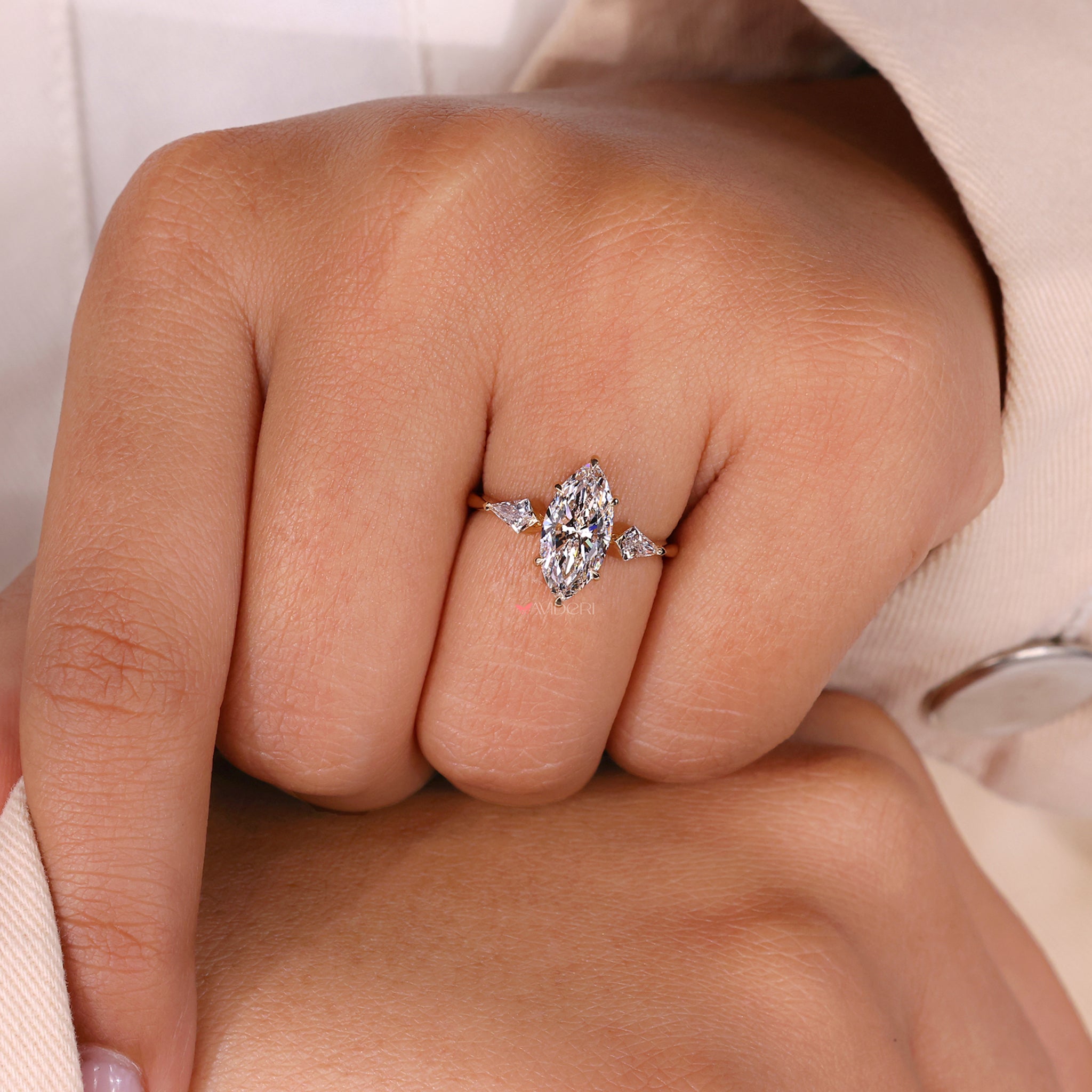Kite cut diamond, kite shaped diamond, 3 stone diamond ring
