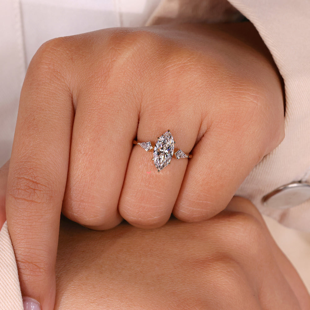 Kite cut diamond, kite shaped diamond, 3 stone diamond ring
