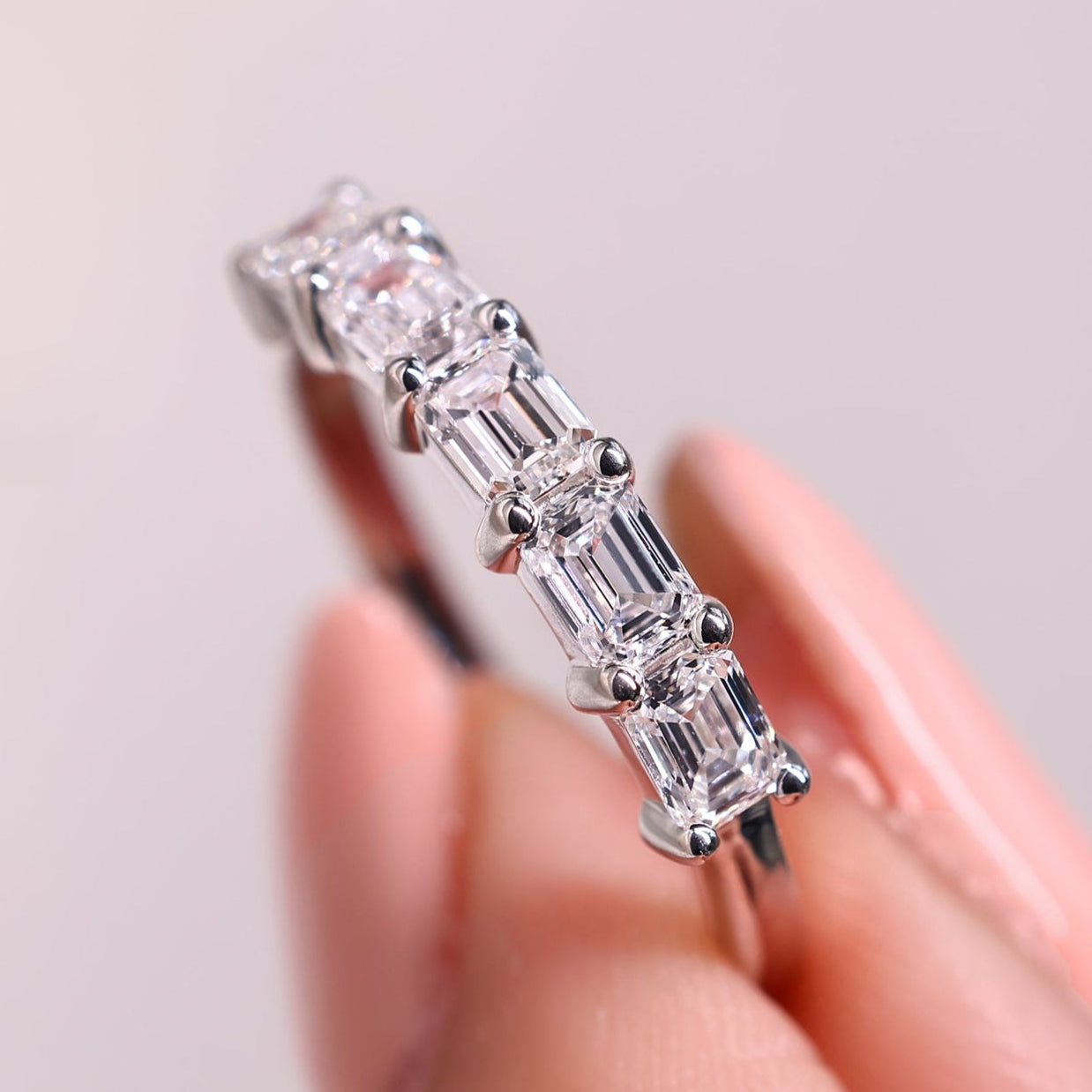 Emerald Cut Five Stone Diamond Band In White Gold