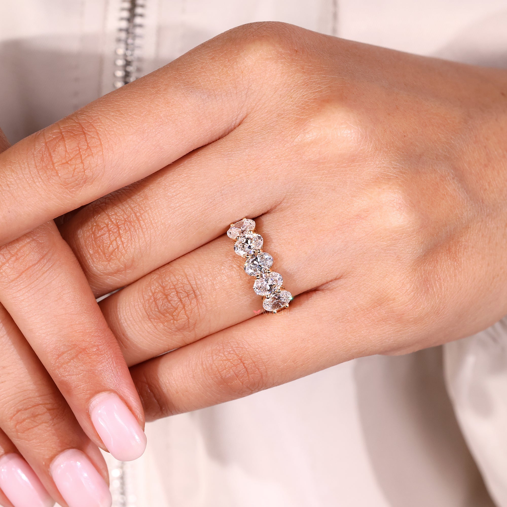 Unique wedding band with lab grown diamonds.