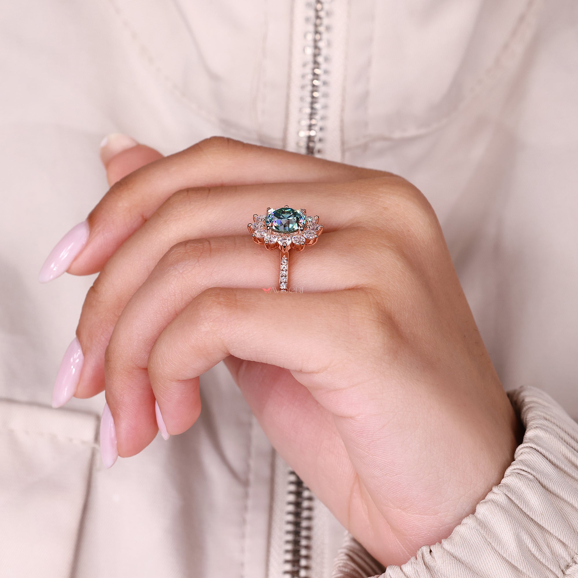 Cluster and pave moissanite ring handmade style.
