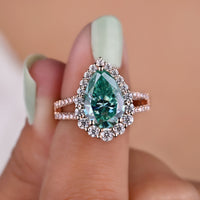 Cyan Blue Pear Cut Moissanite Ring With Split Pave Setting