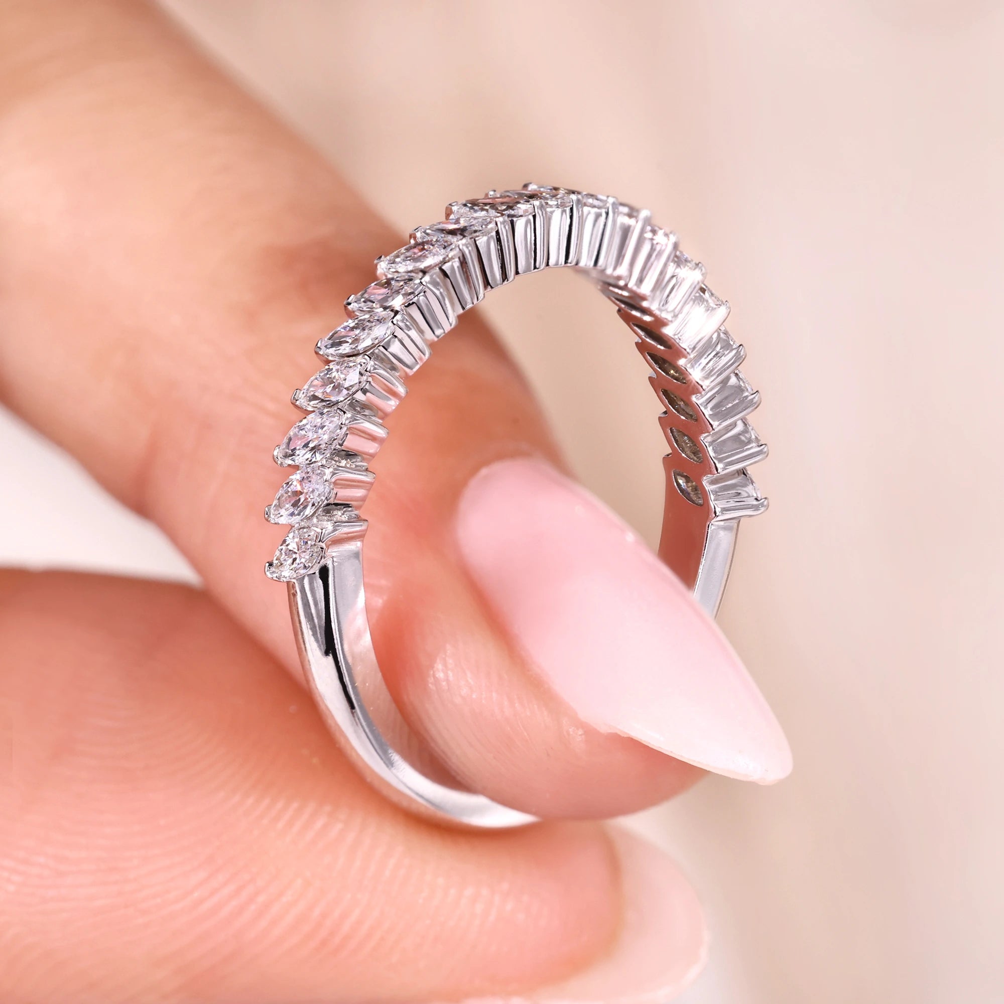 Marquise half eternity band with diamond wedding band.