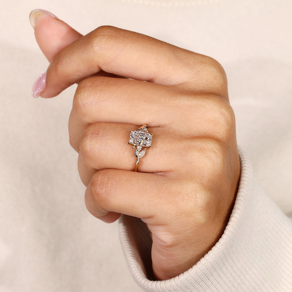 Nature inspired cushion cut diamond engagement ring.
