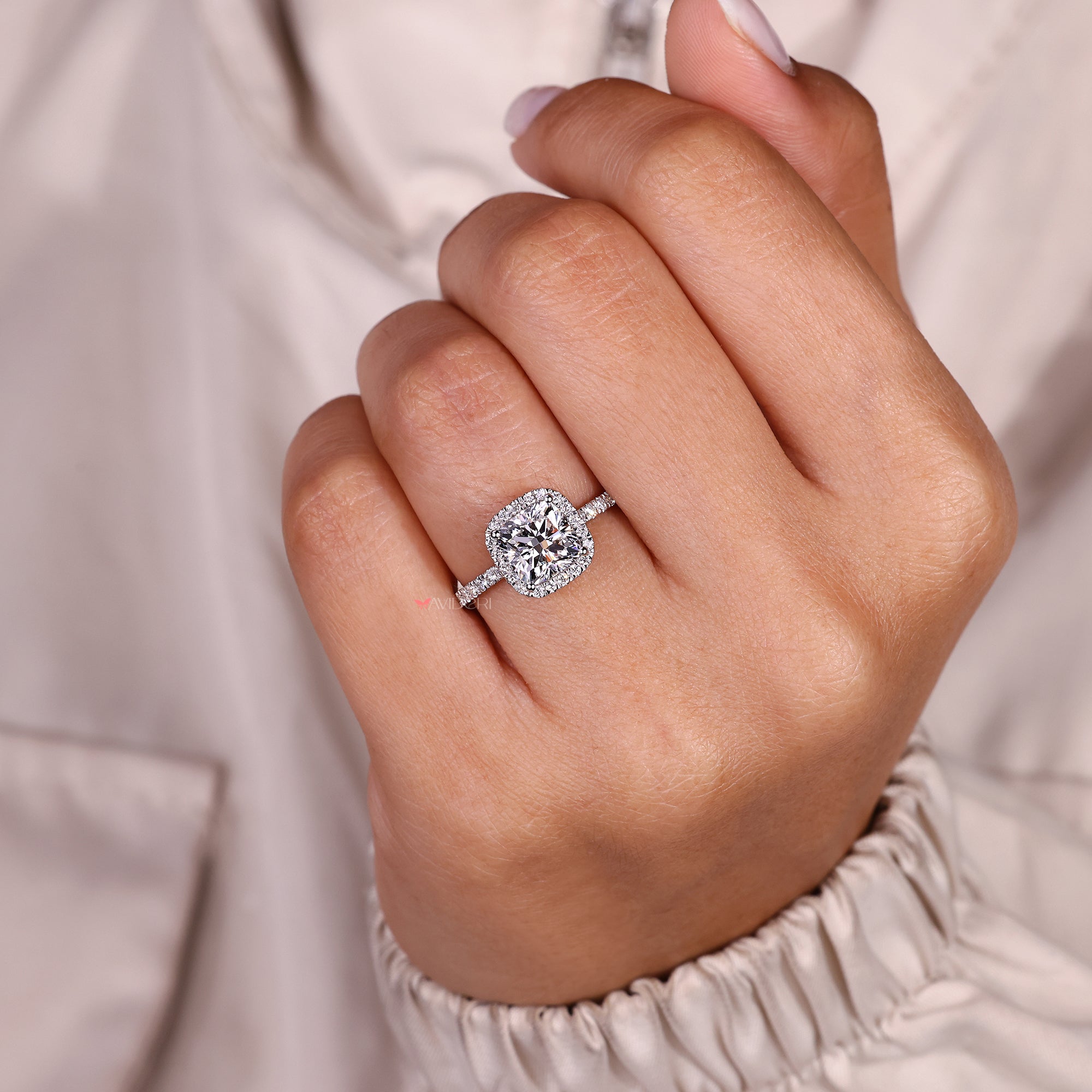 Handmade lab grown cushion cut diamond ring.
