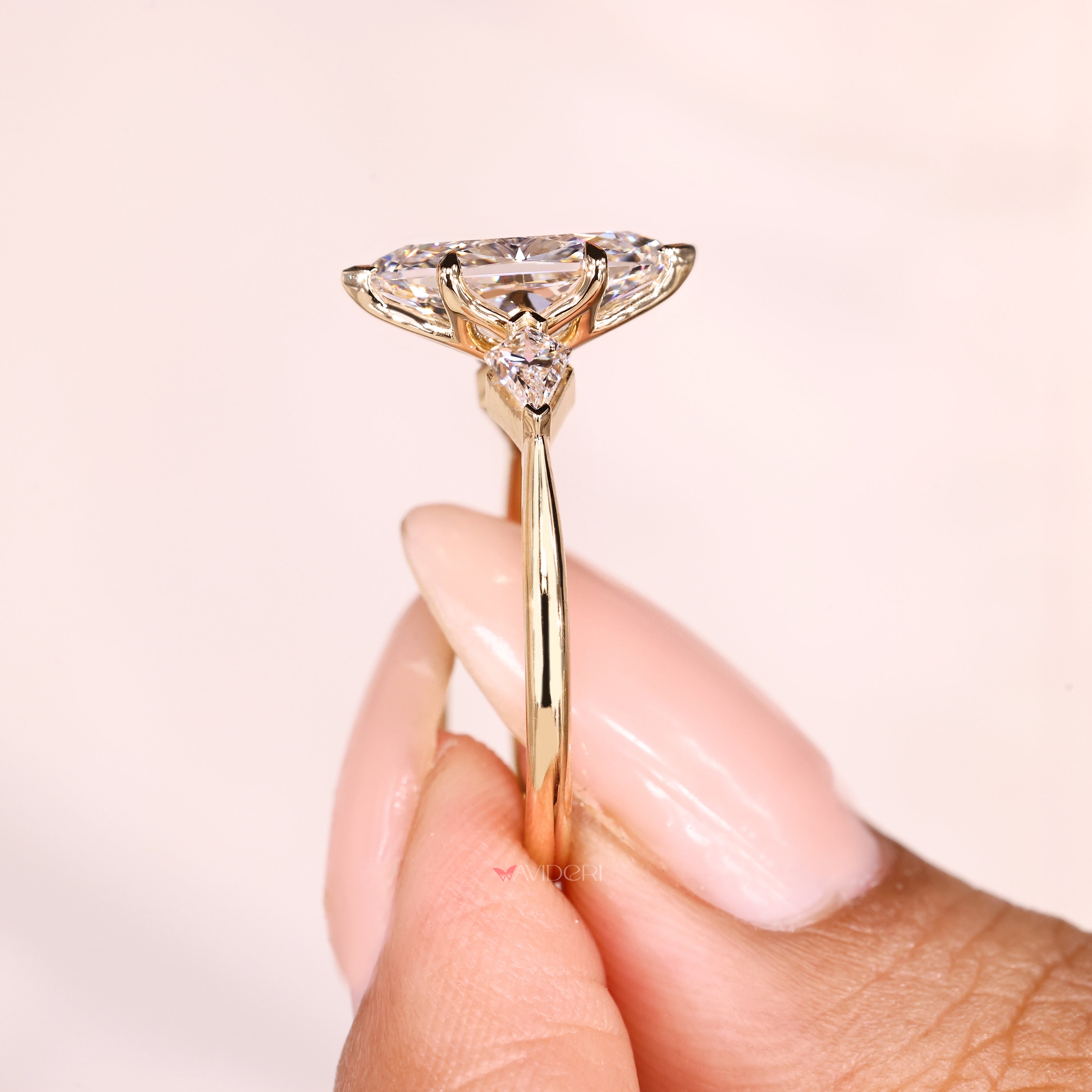 Lab grown Dutch marquise ring with V shape prongs
