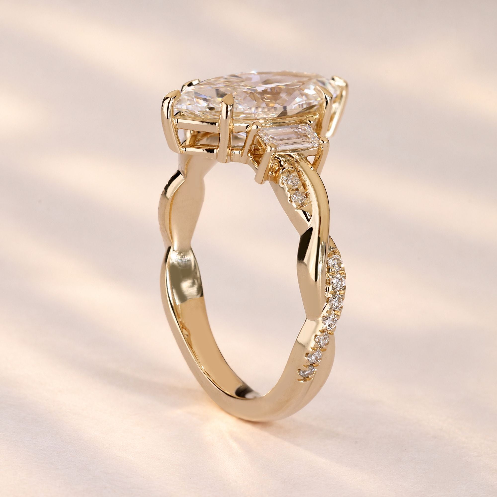 Marquise ring with six claw prong setting.
