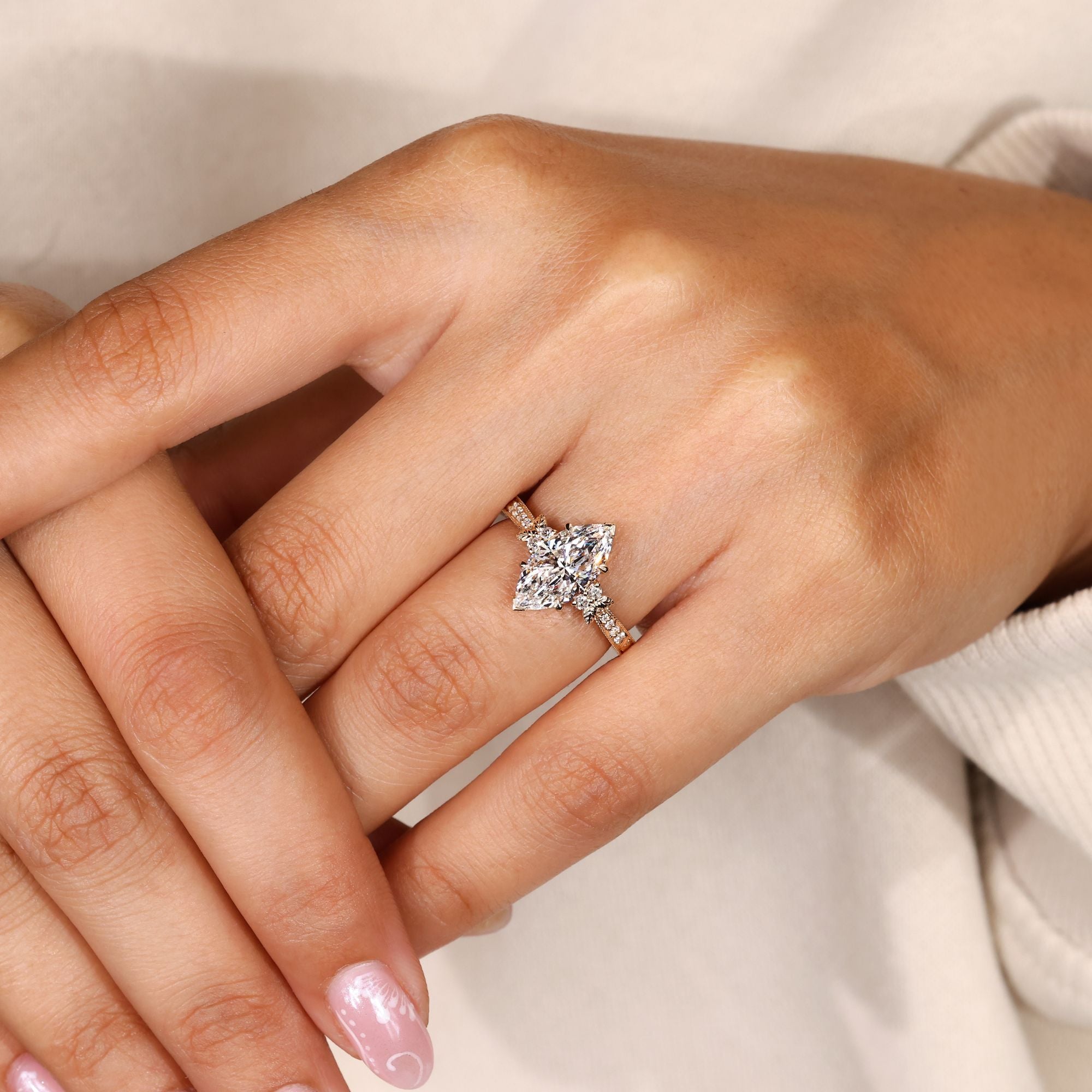 Handmade marquise diamond ring with vintage details.
