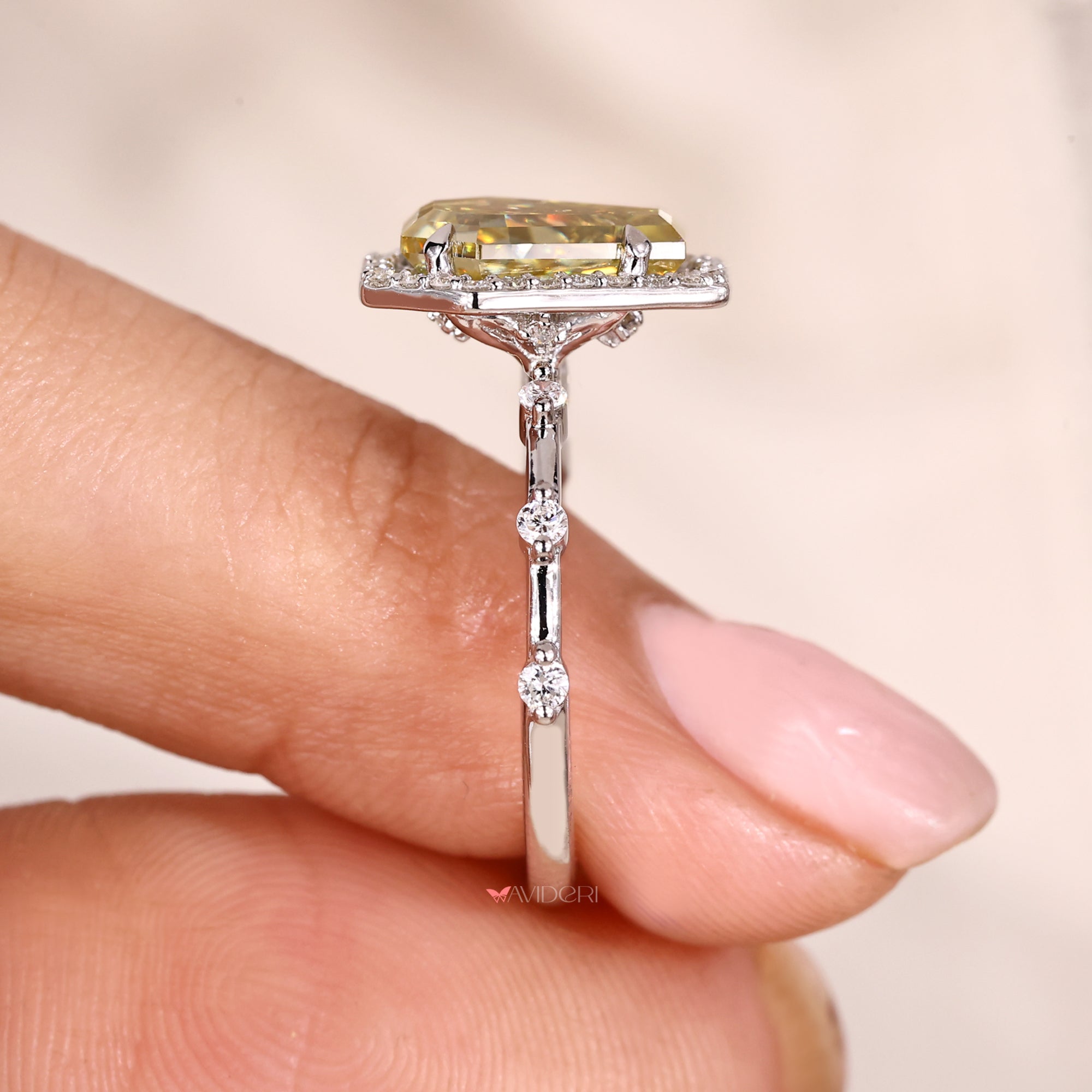 Distance pave setting with white gold engagement ring.