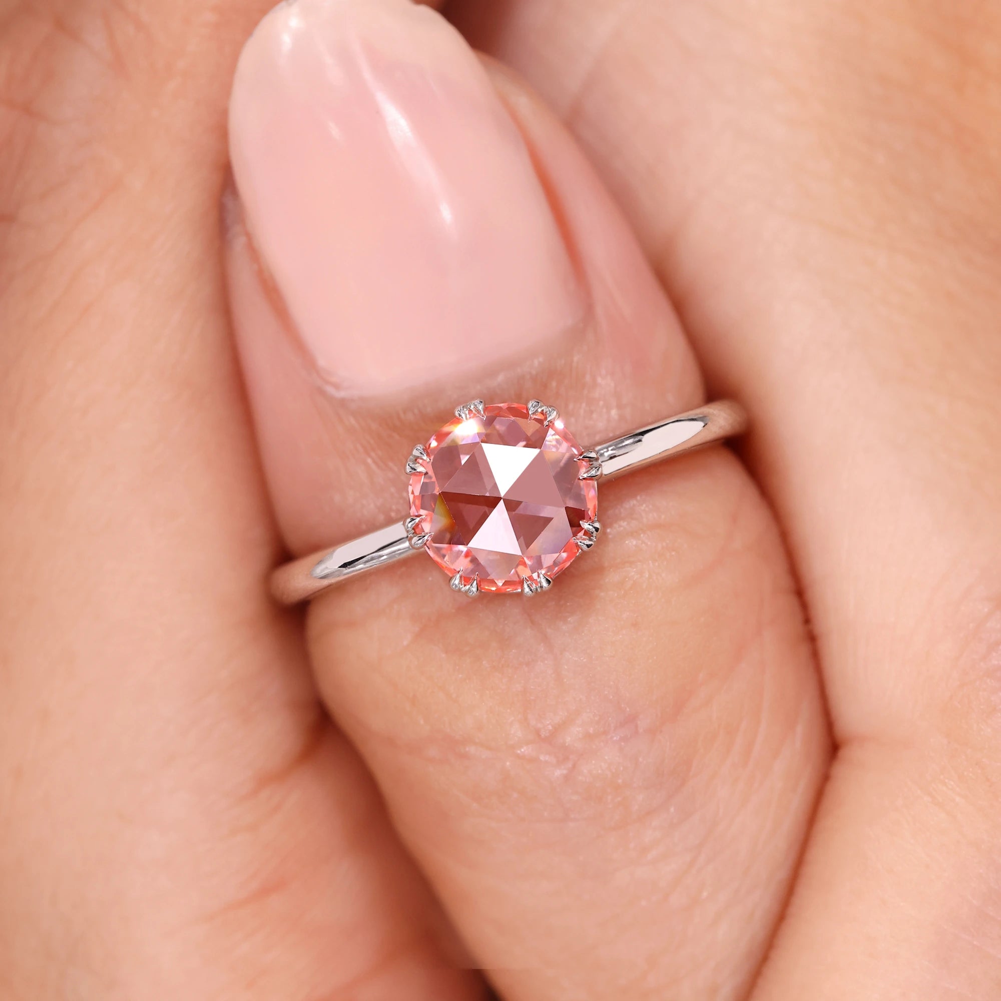 Round rose cut engagement ring with white gold engagement ring.