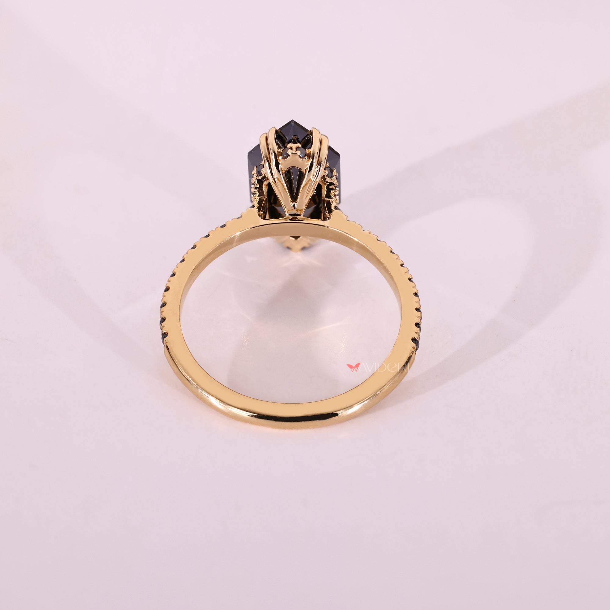 Yellow gold engagement ring with black Moissanite engagement ring.