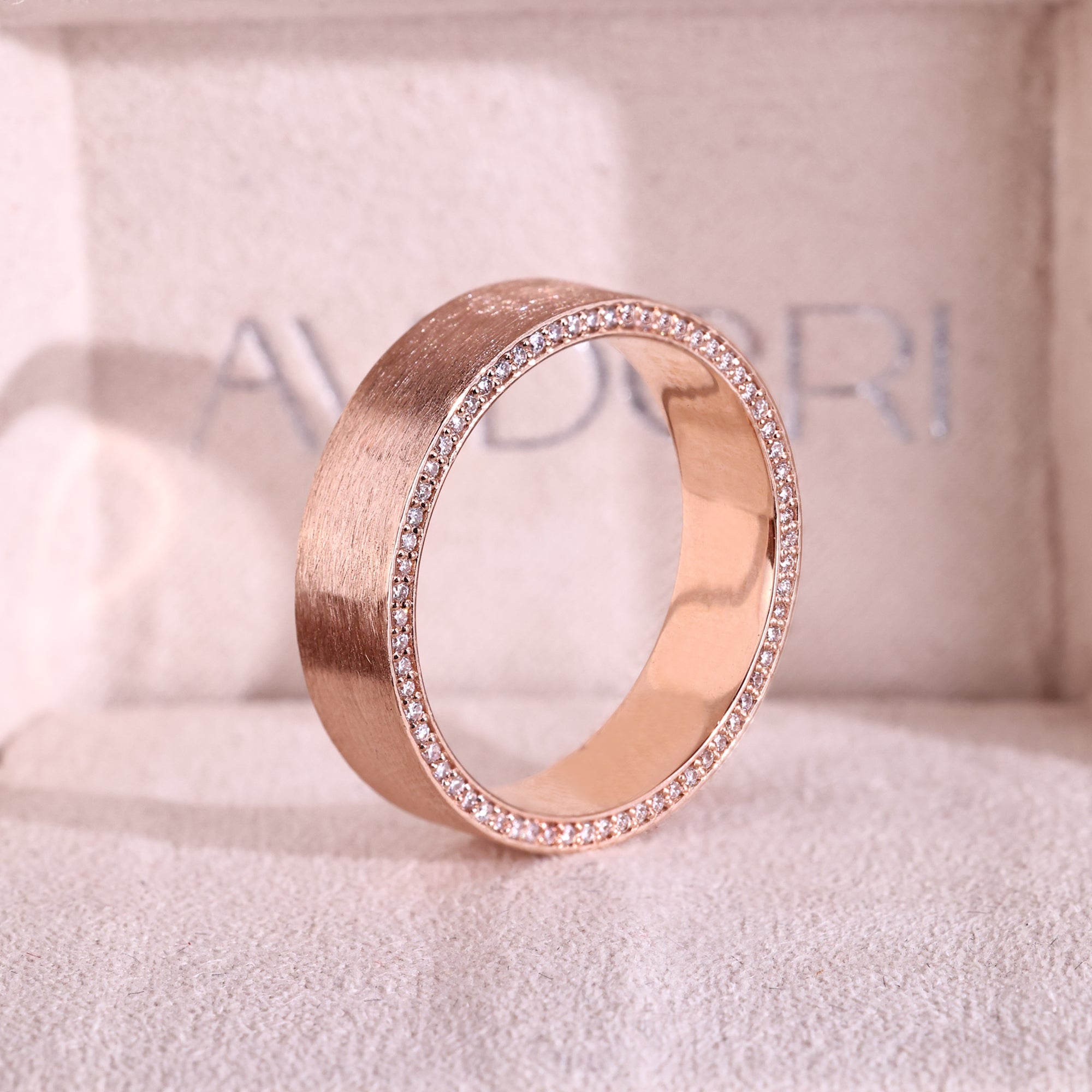 Mens rose gold ring with double side eternity ring.