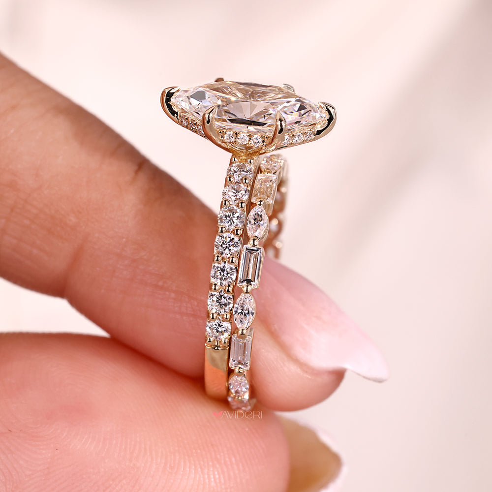 Baguette and marquise wedding band with hidden halo ring.