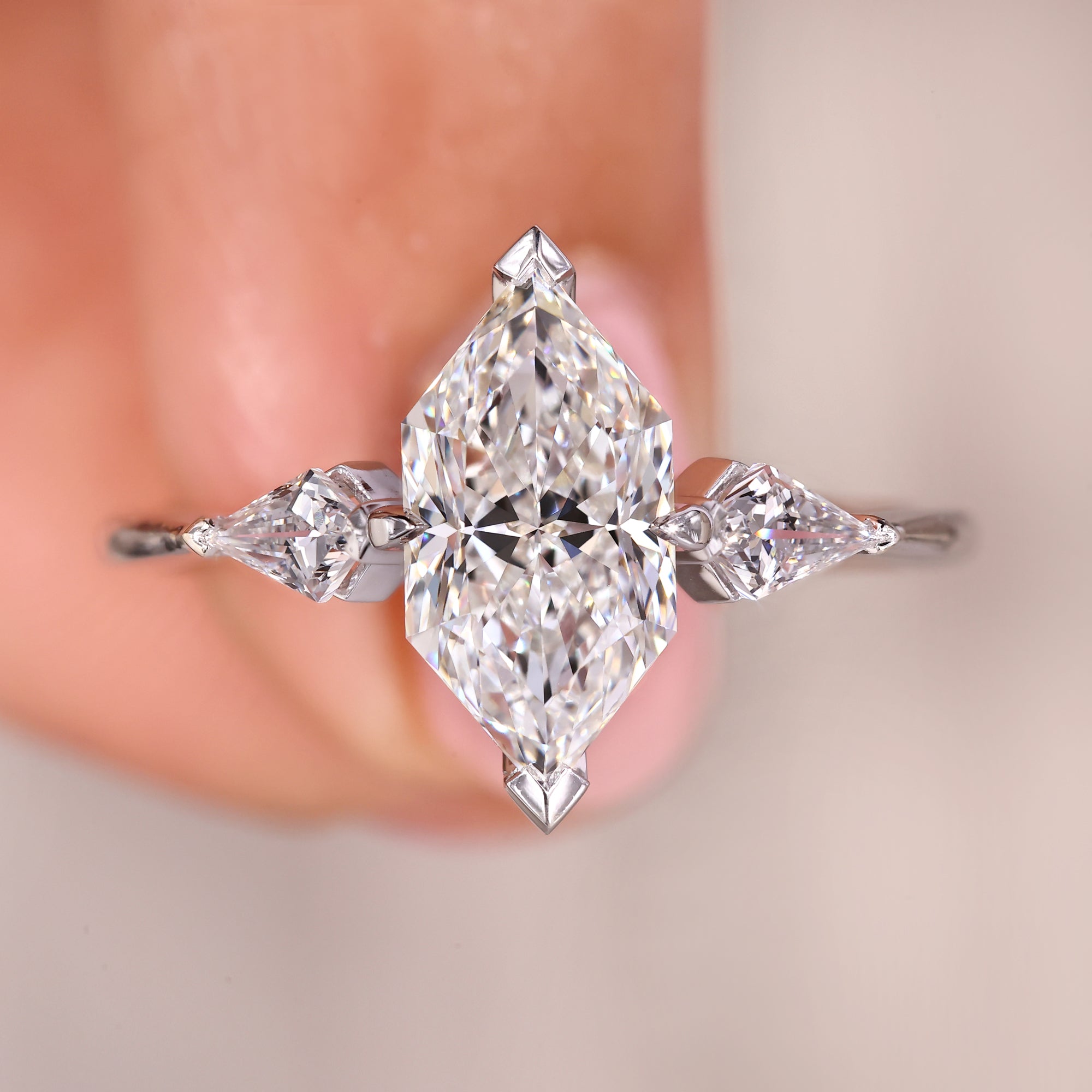 Kite cut side diamond ring with Lab Grown Diamond and custom handmade style.