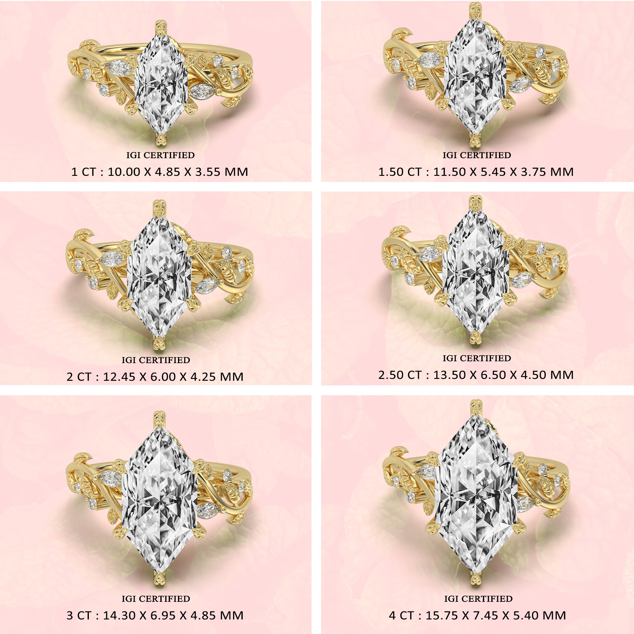 Collage of gold rings with 1 to 4 CT Dutch marquise-shaped diamonds on a pink background