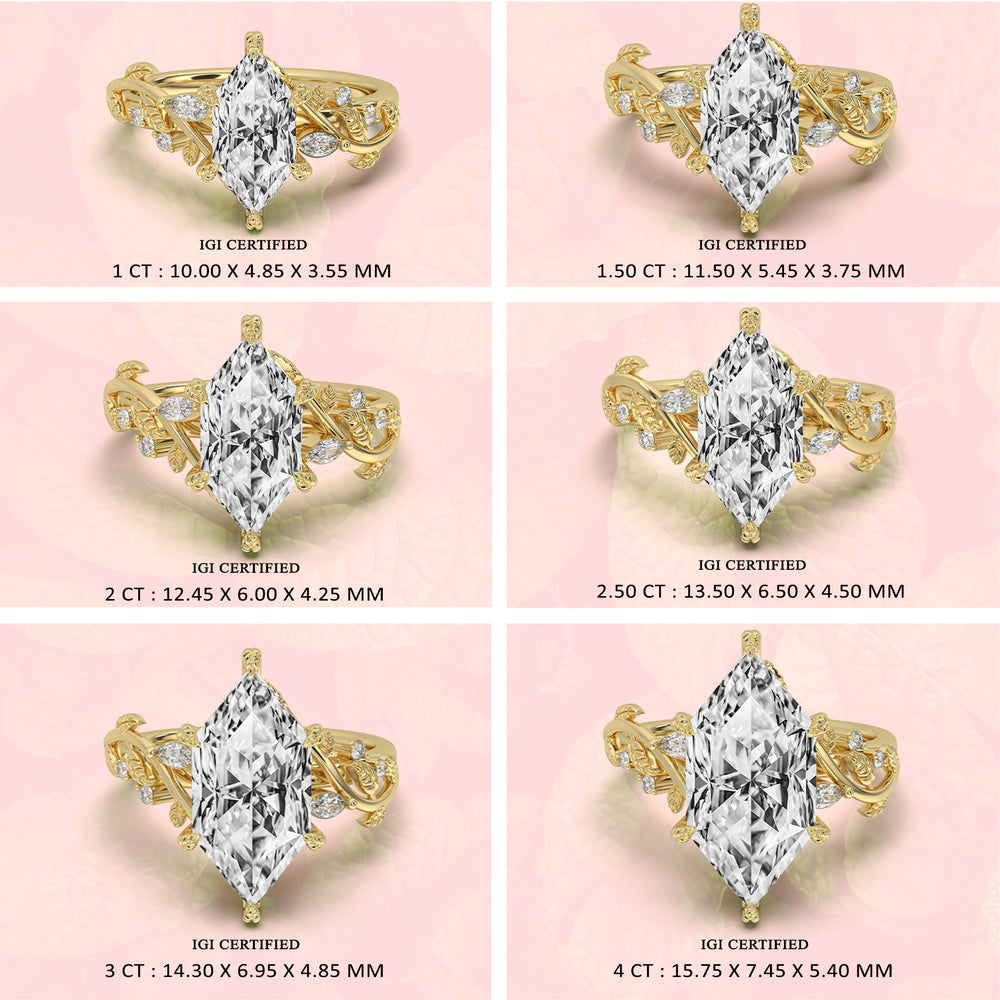 Collage of gold rings with 1 to 4 CT Dutch marquise shaped diamonds on a pink background Dutch Marquise Diamond Nature Inspired Engagement Ring
