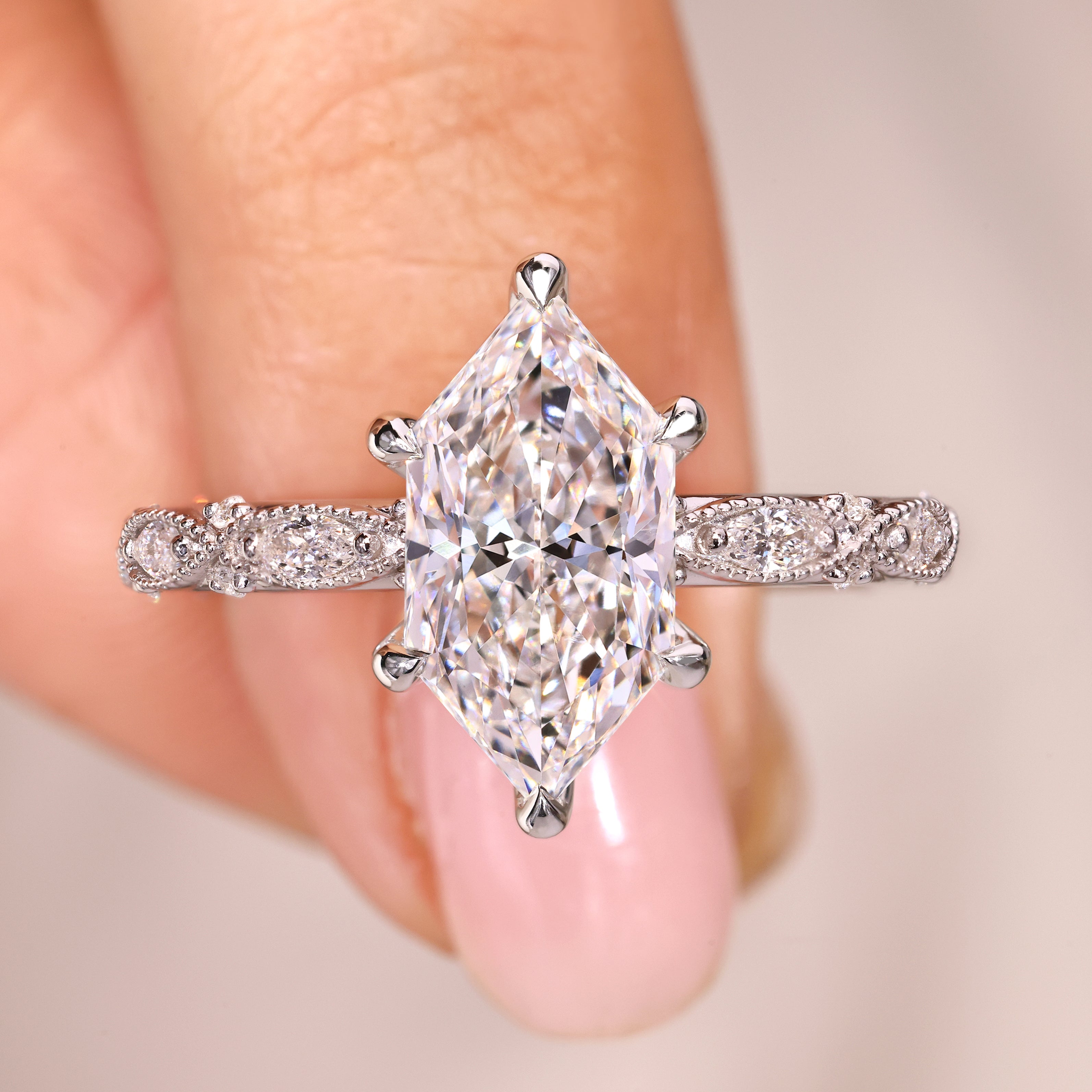 Dutch marquise lab diamond ring with vintage style details.
