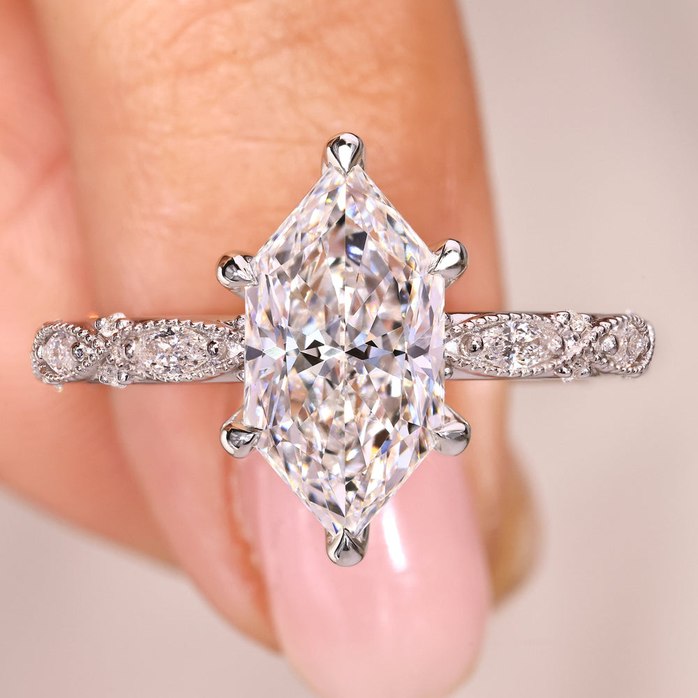 Dutch marquise lab diamond ring with vintage style details.

