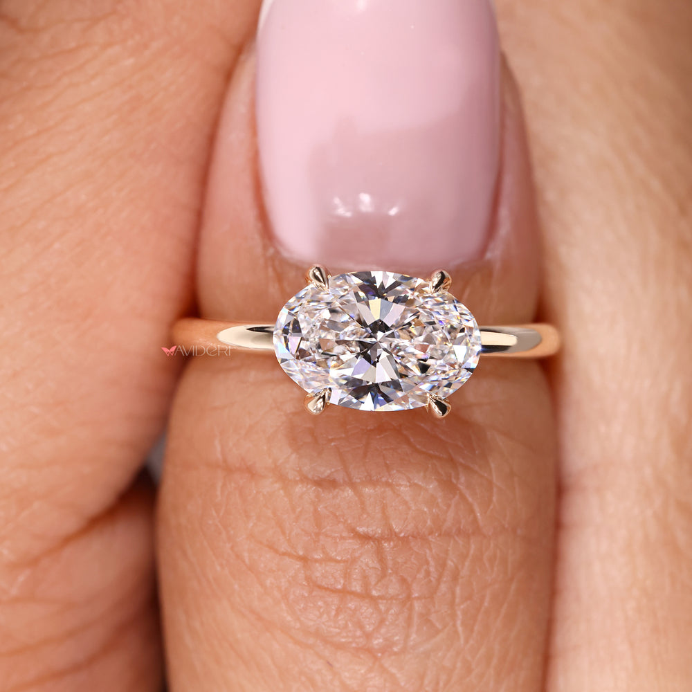 Gold oval diamond engagement ring, east west engagement ring, yellow gold ring
